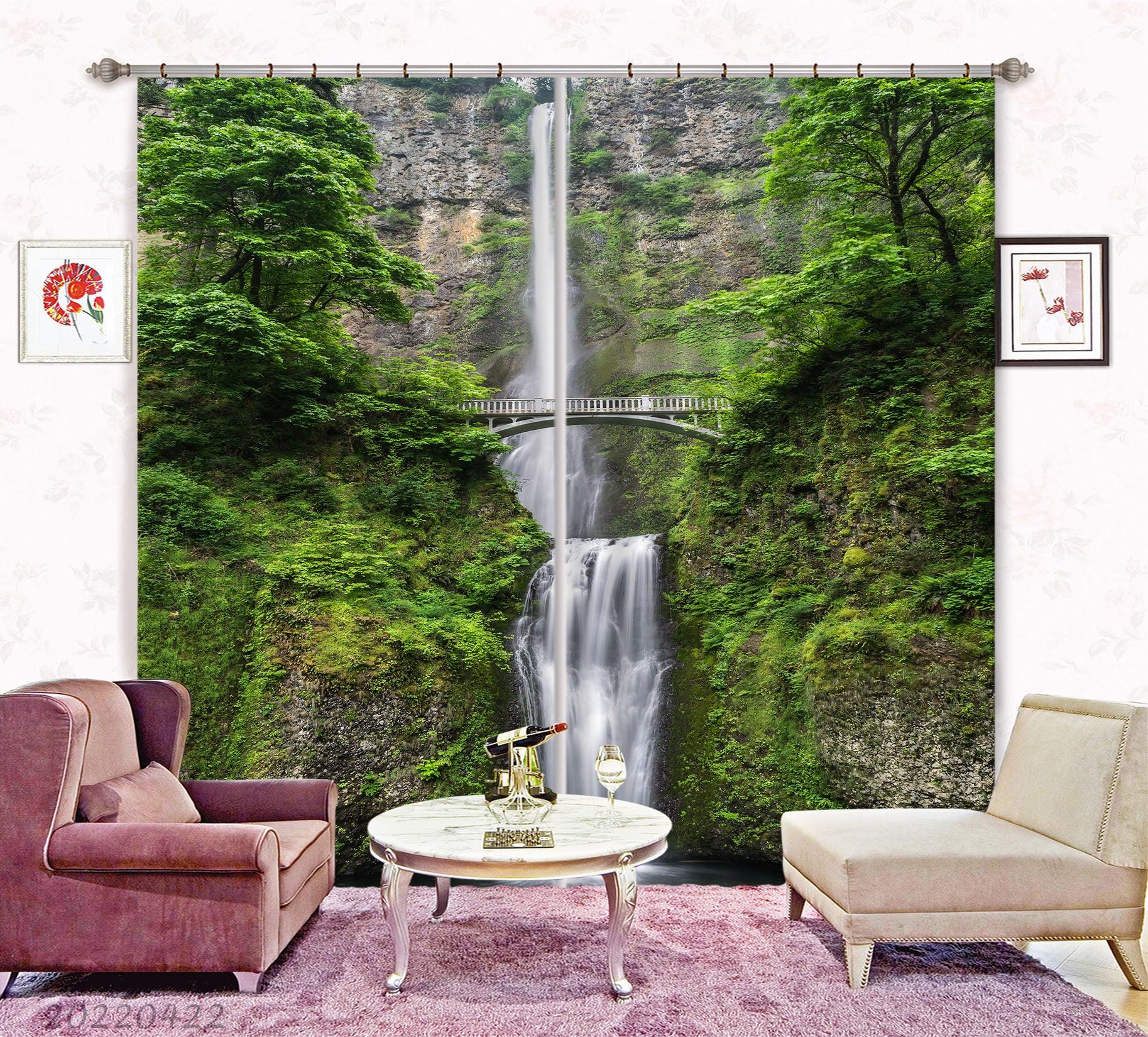 3D Landscape Mountain Waterfall Bridge Green Plant Curtains and Drapes GD 4300- Jess Art Decoration