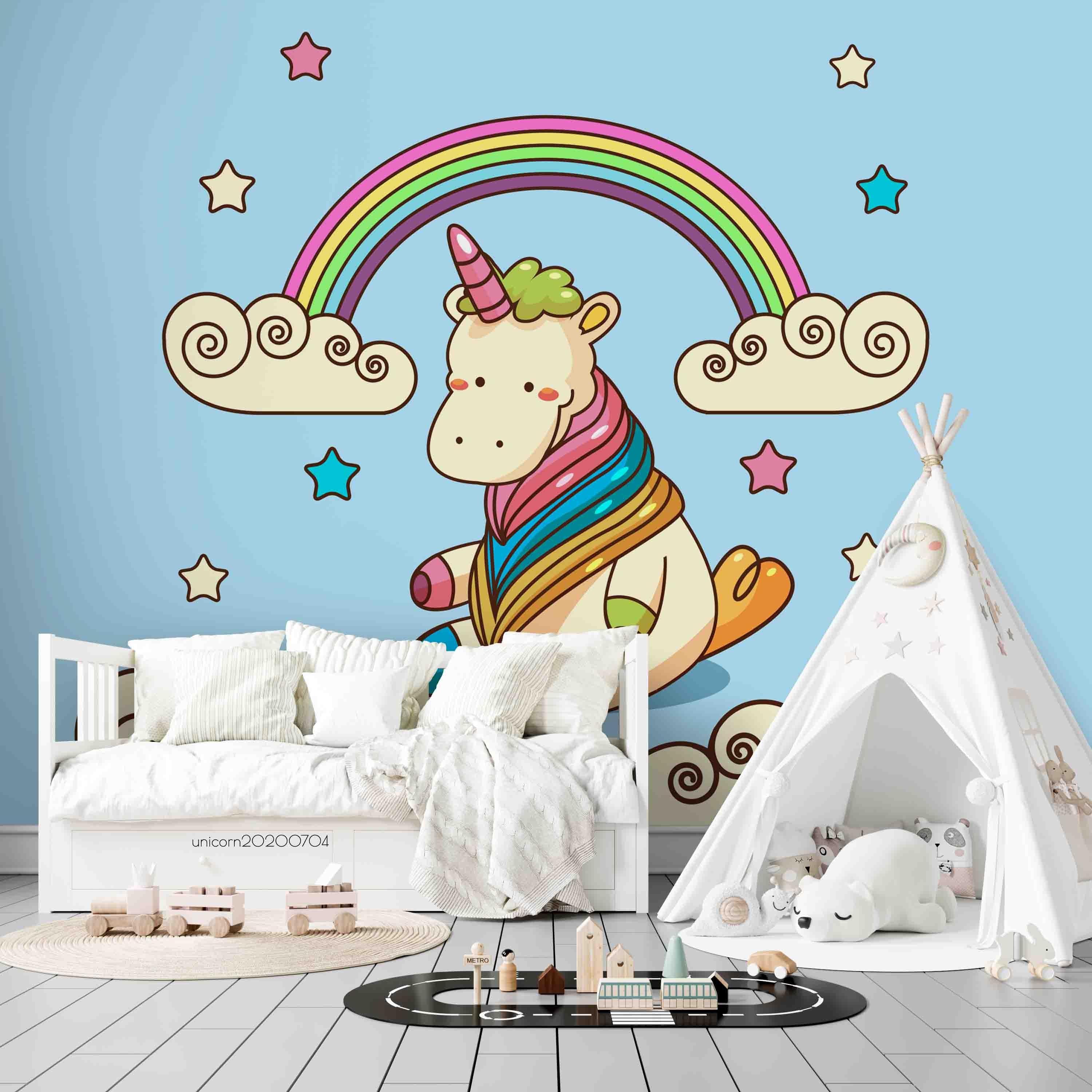 3D Blue Rainbow Sky Cloud Unicorn Wall Mural Wallpaper A222 LQH- Jess Art Decoration