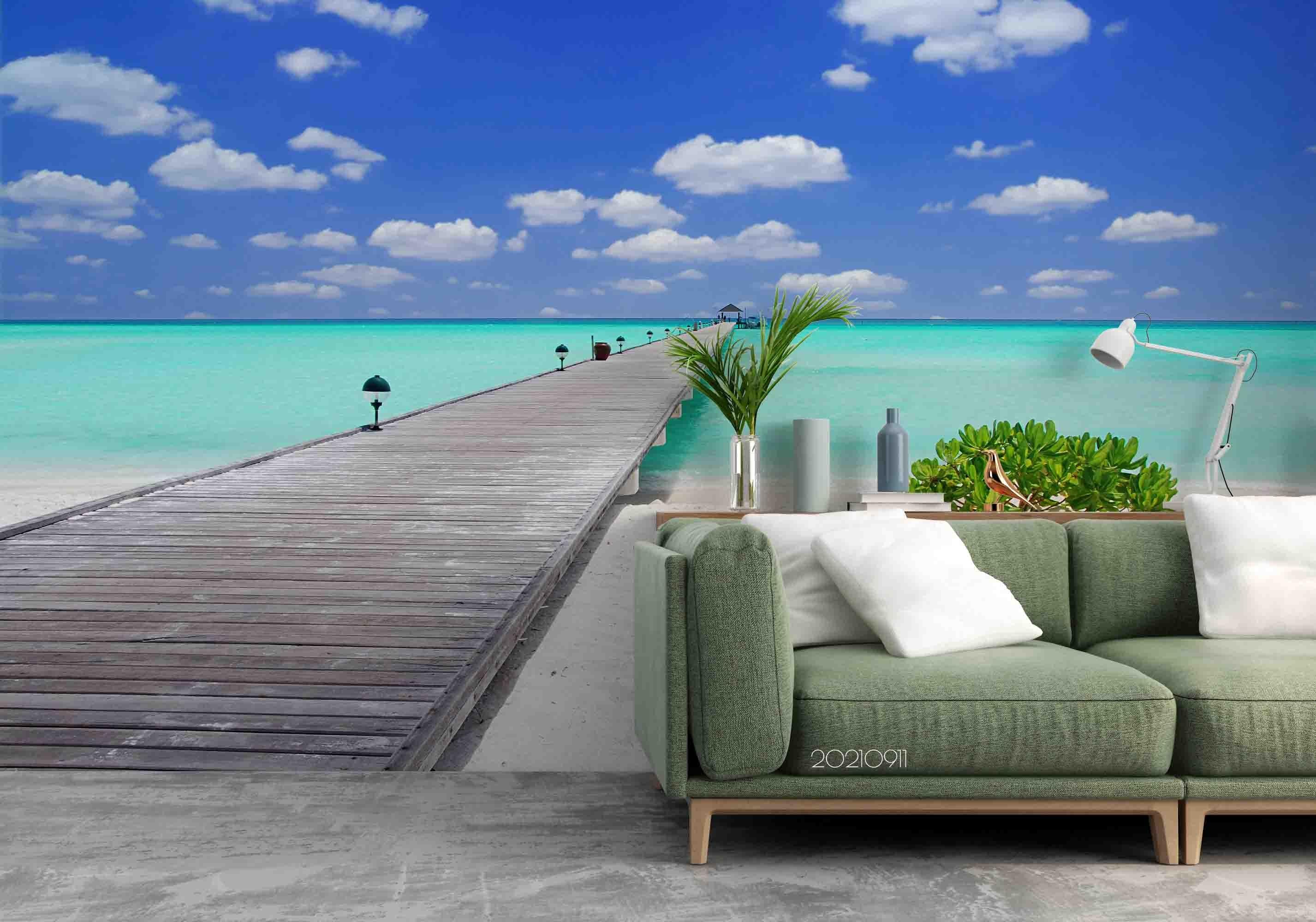 3D Bridge Blue Sky Cloud Sea Landscape Wall Mural Wallpaper LQH 828- Jess Art Decoration