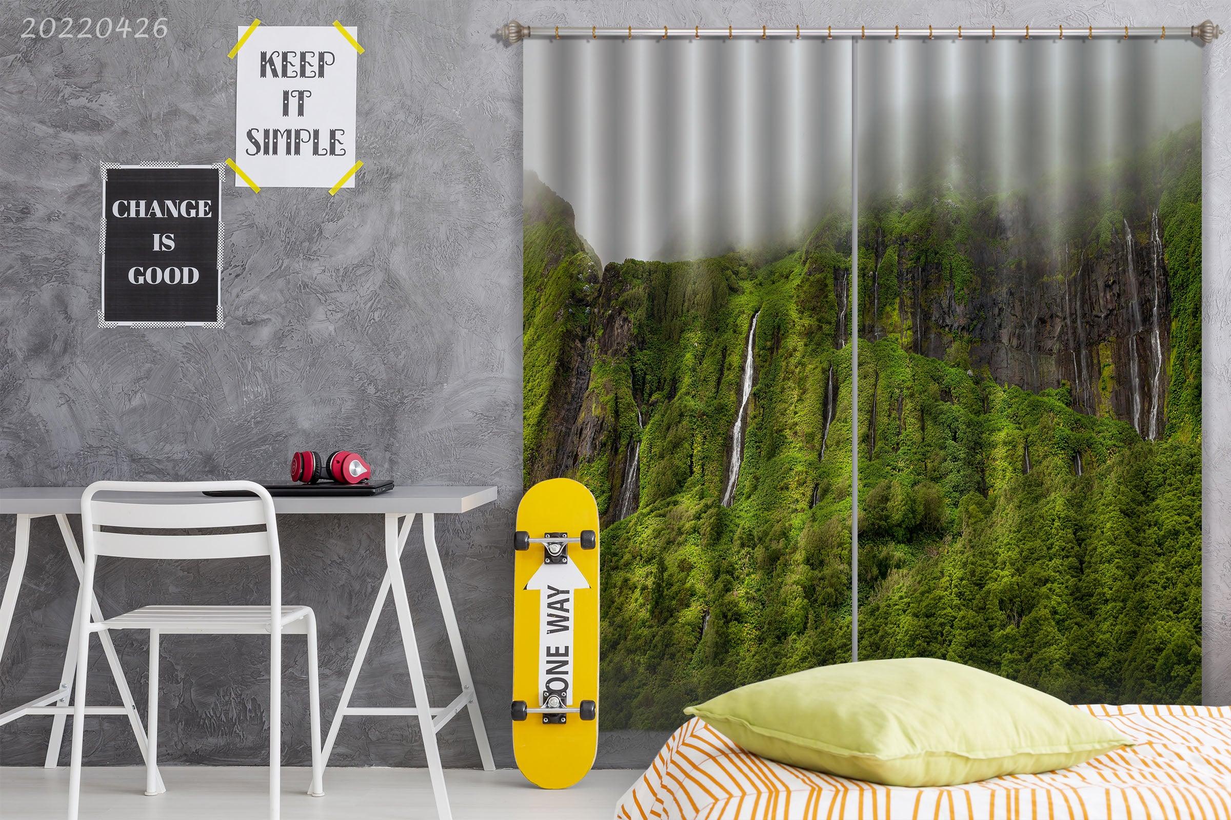3D Landscape Mountain Waterfall Forest Green Trees Misty Curtains and Drapes GD 4861- Jess Art Decoration