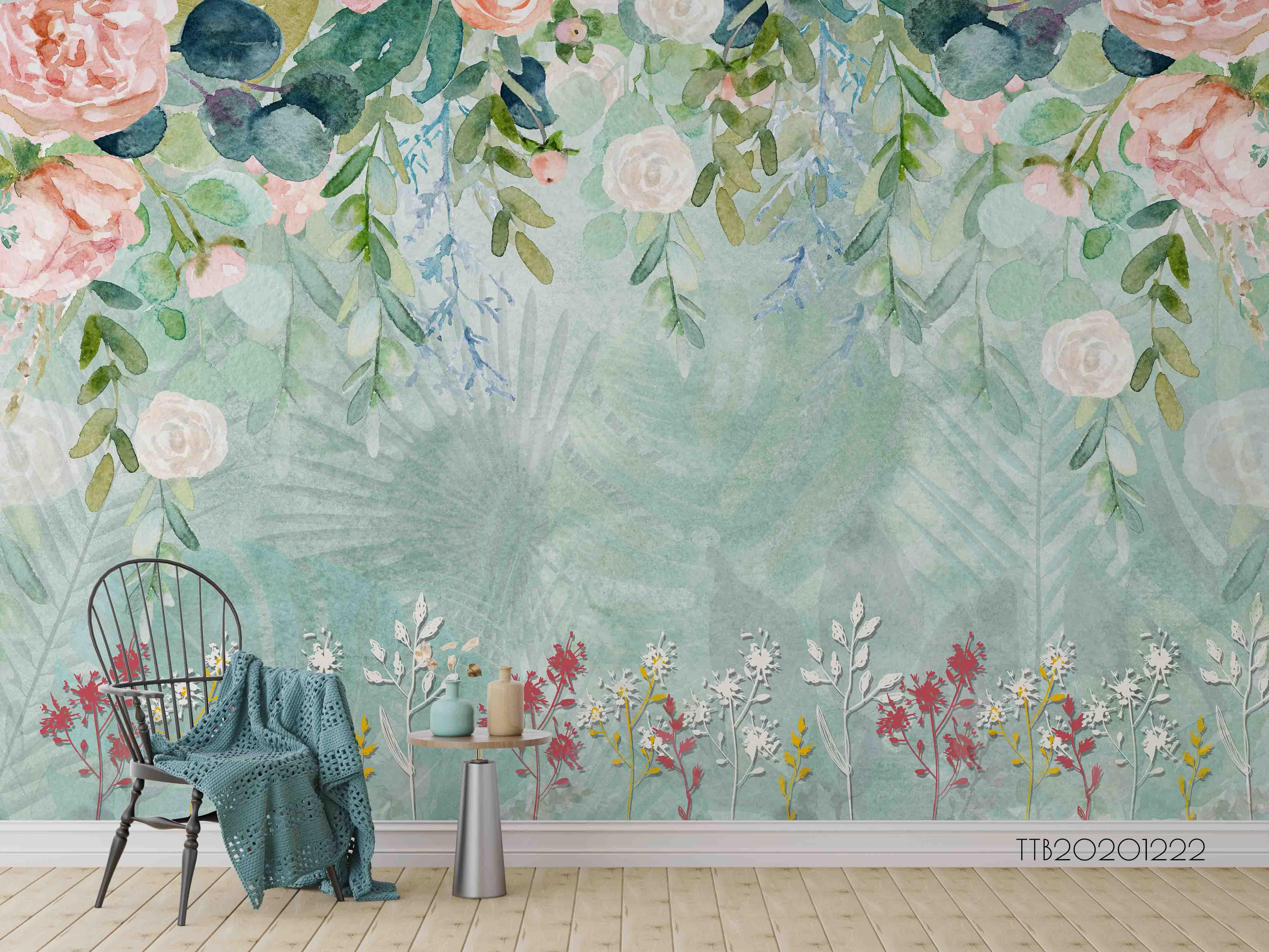 3D Hand Drawn Warm Color Flower Green Vine Leaf Background Oil Painting Wall Mural Wallpaper GD 1889- Jess Art Decoration