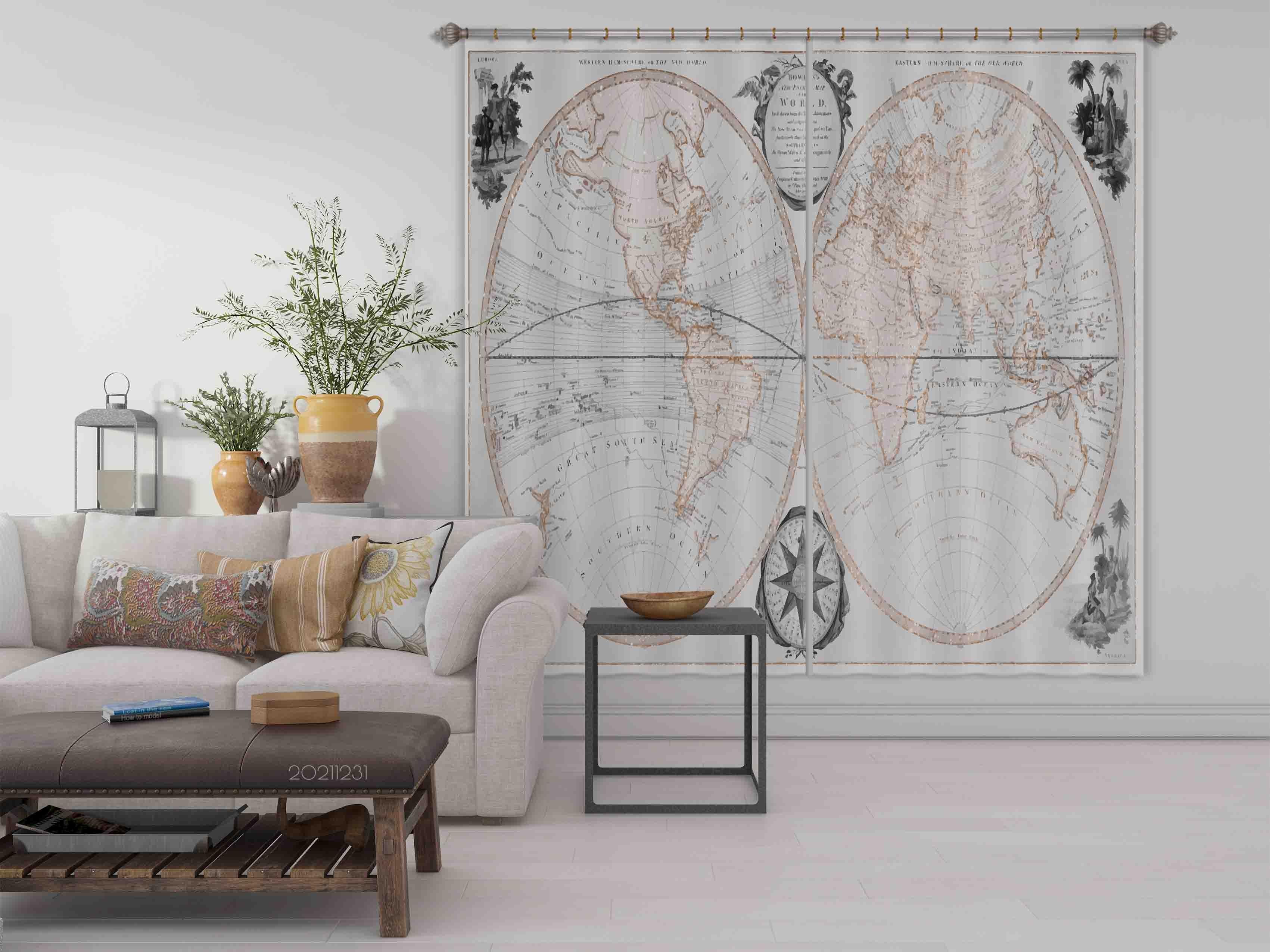 3D Vintage Map Symmetry Ellipse Curtains and Drapes GD 47- Jess Art Decoration