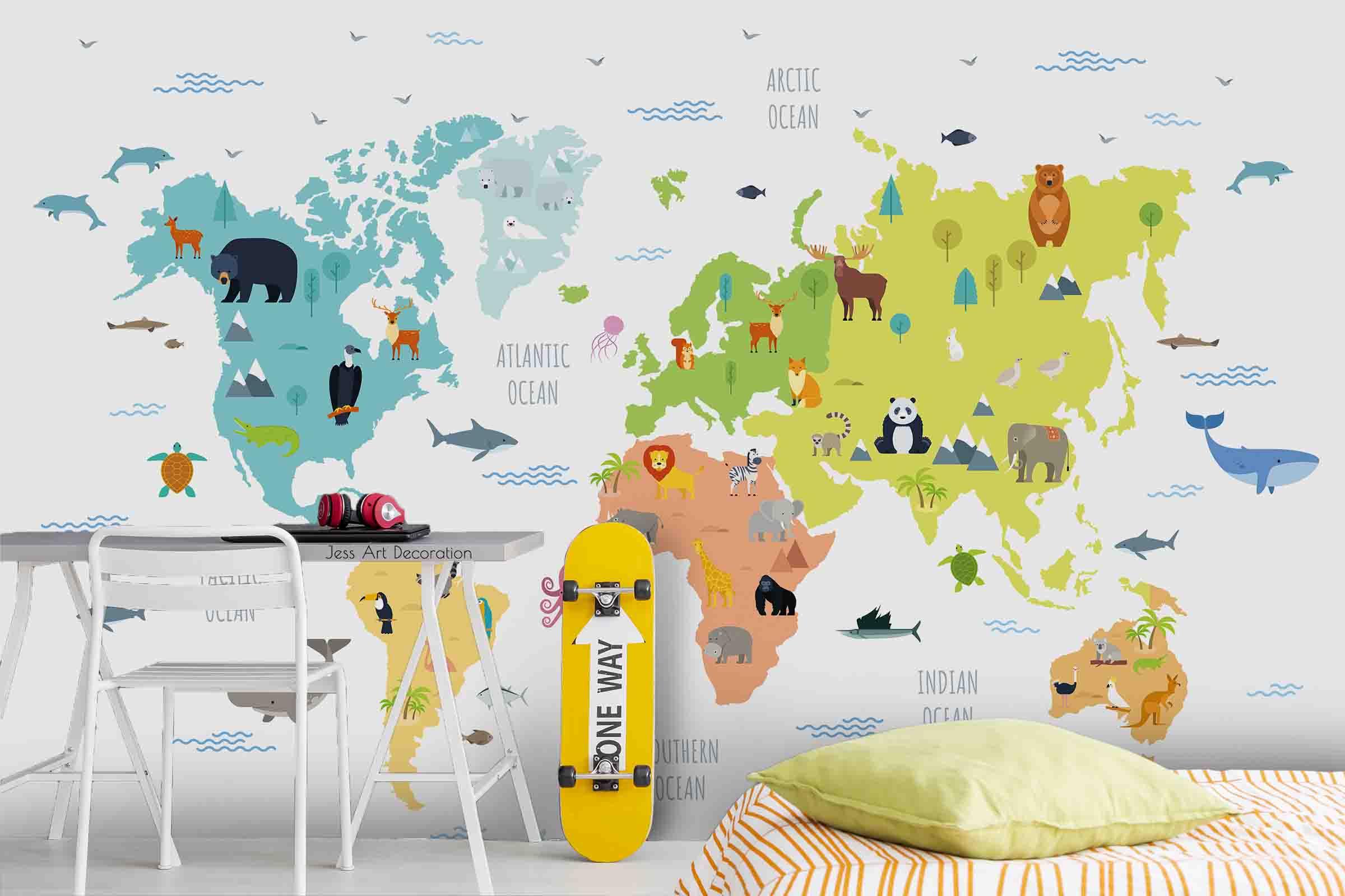 3D World Map Animal Wall Mural Wallpaper GD 2875- Jess Art Decoration