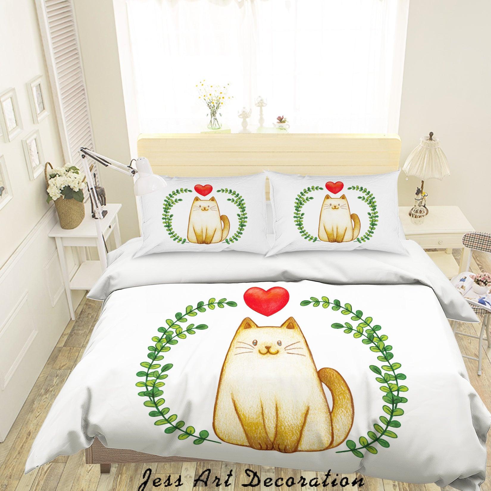 3D White Cat Heart Leaves Quilt Cover Set Bedding Set Duvet Cover Pillowcases SF33- Jess Art Decoration