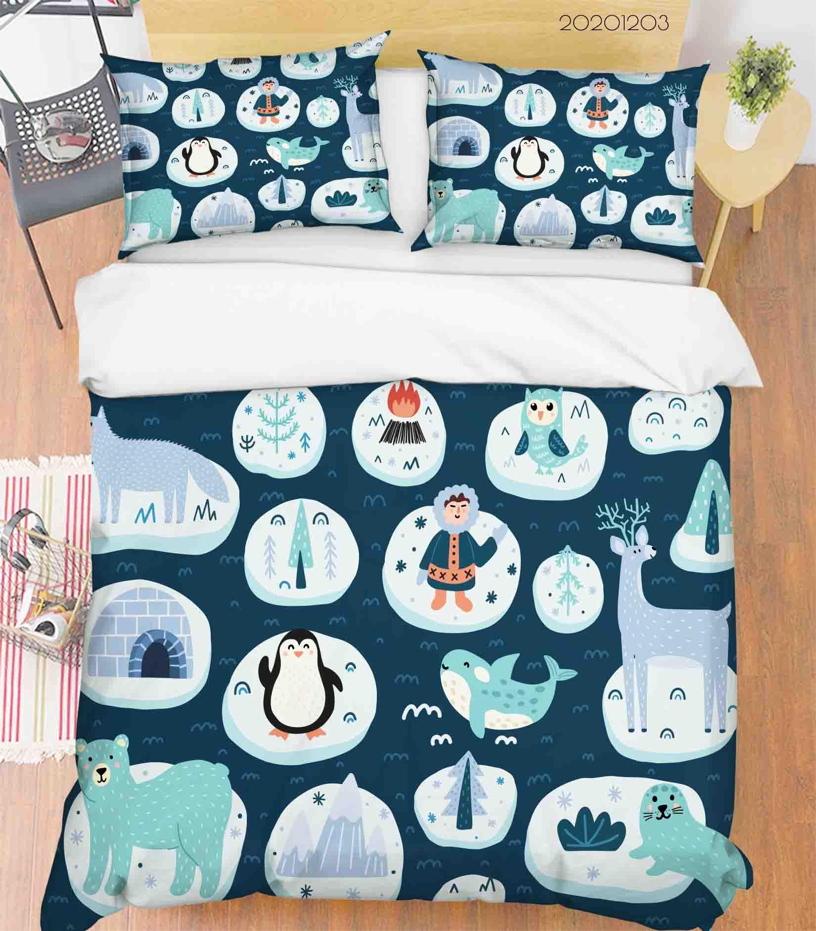 3D Cartoon Blue Iceburg Peaguin Bear Whale Animal Ocean Quilt Cover Set Bedding Set Duvet Cover Pillowcases LXL- Jess Art Decoration