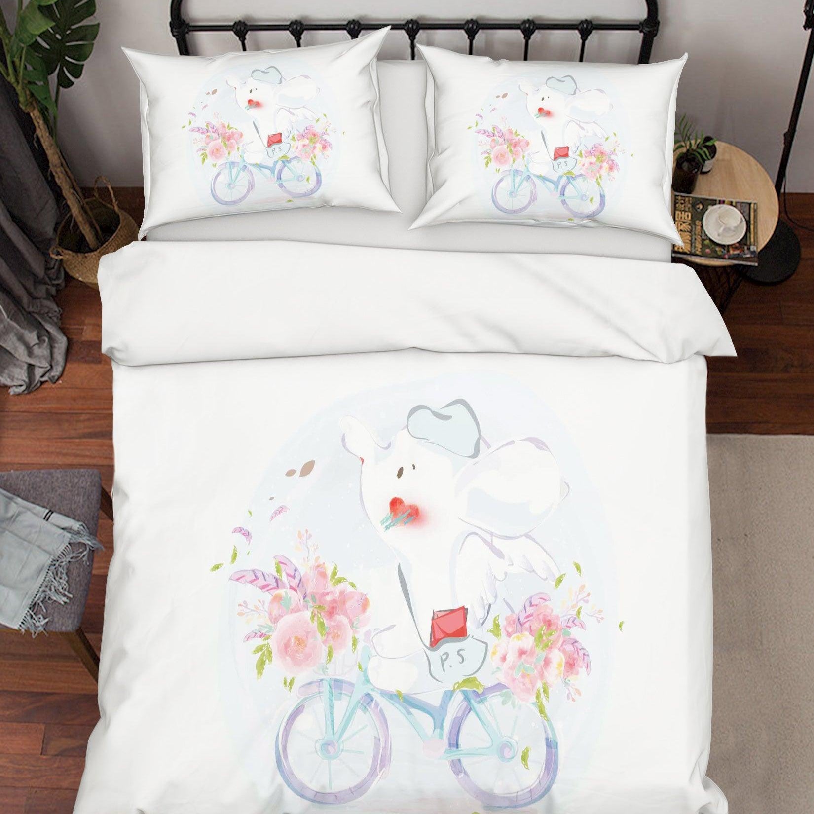 3D White Mouse Bike Floral Quilt Cover Set Bedding Set Duvet Cover Pillowcases SF75- Jess Art Decoration