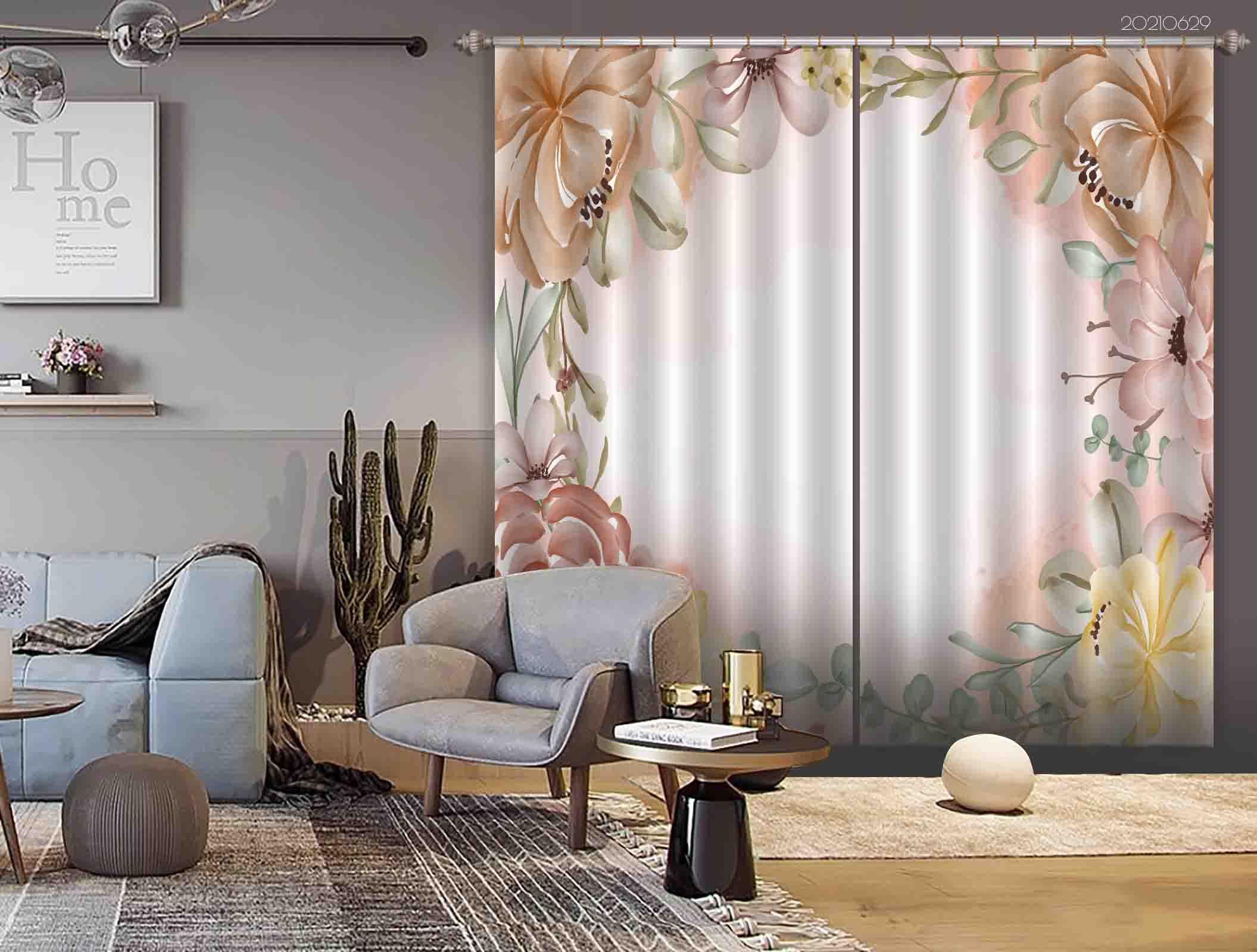 3D Watercolor Floral Peony Tawny Curtains and Drapes LLL 420- Jess Art Decoration