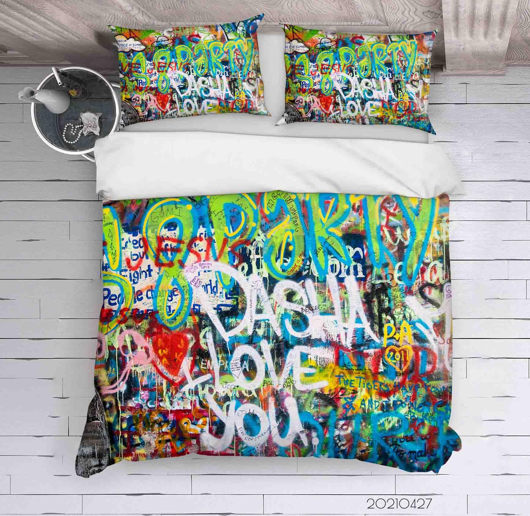 3D Abstract Colored Street Graffiti Quilt Cover Set Bedding Set Duvet Cover Pillowcases 152- Jess Art Decoration