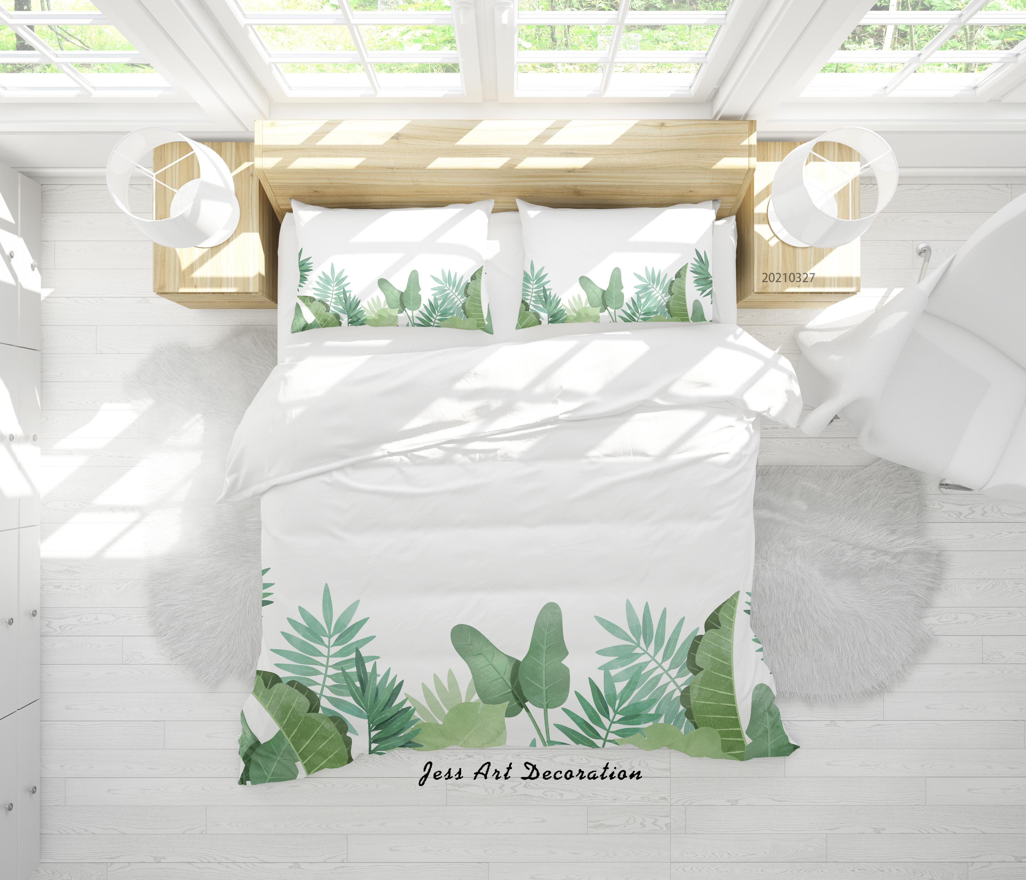 3D Watercolor Green Leaf Quilt Cover Set Bedding Set Duvet Cover Pillowcases 68- Jess Art Decoration
