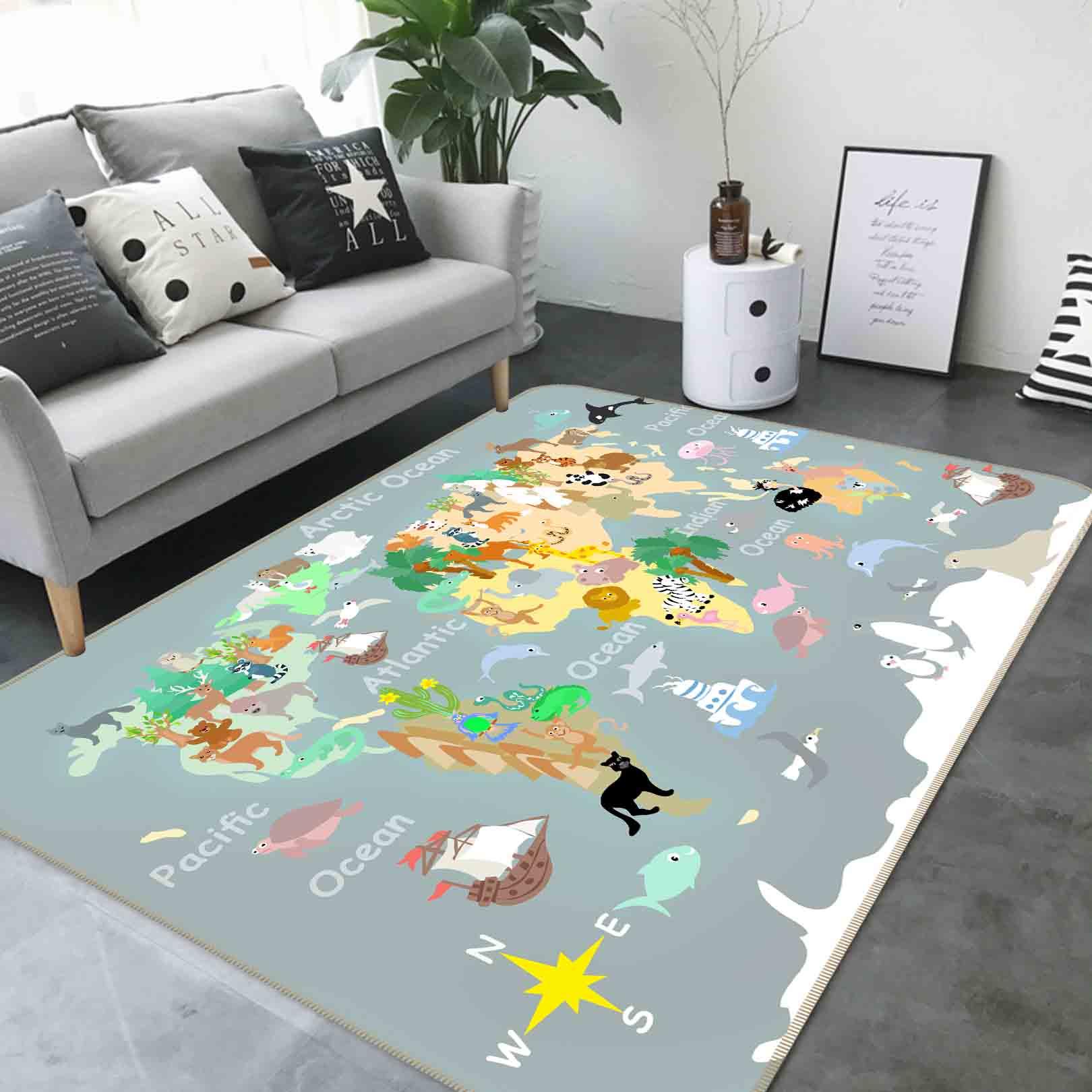 3D World Map Grey Non-Slip Rug Mat 184- Jess Art Decoration