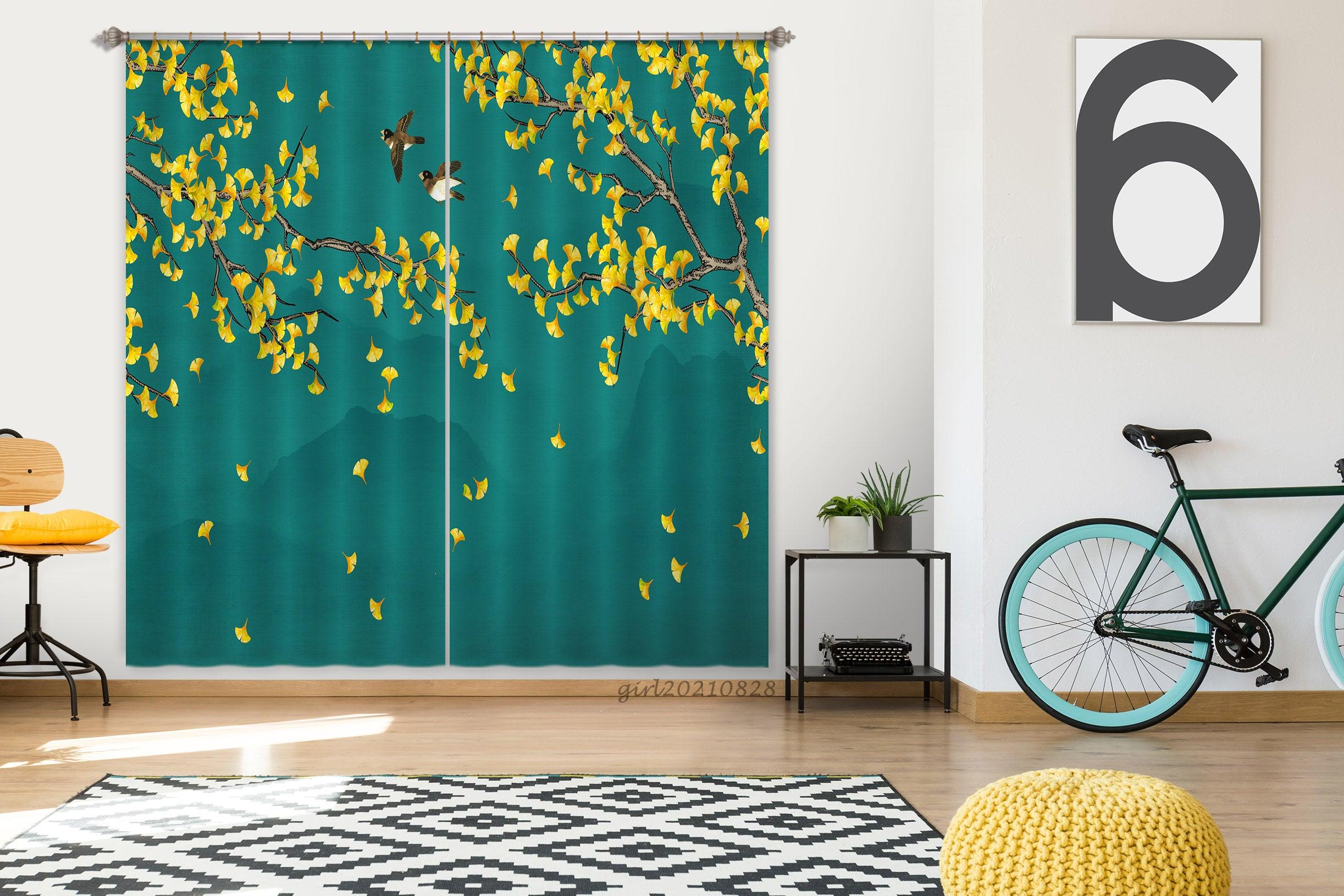 3D Yellow Leaf Tree Bird Curtains and Drapes LQH 113- Jess Art Decoration