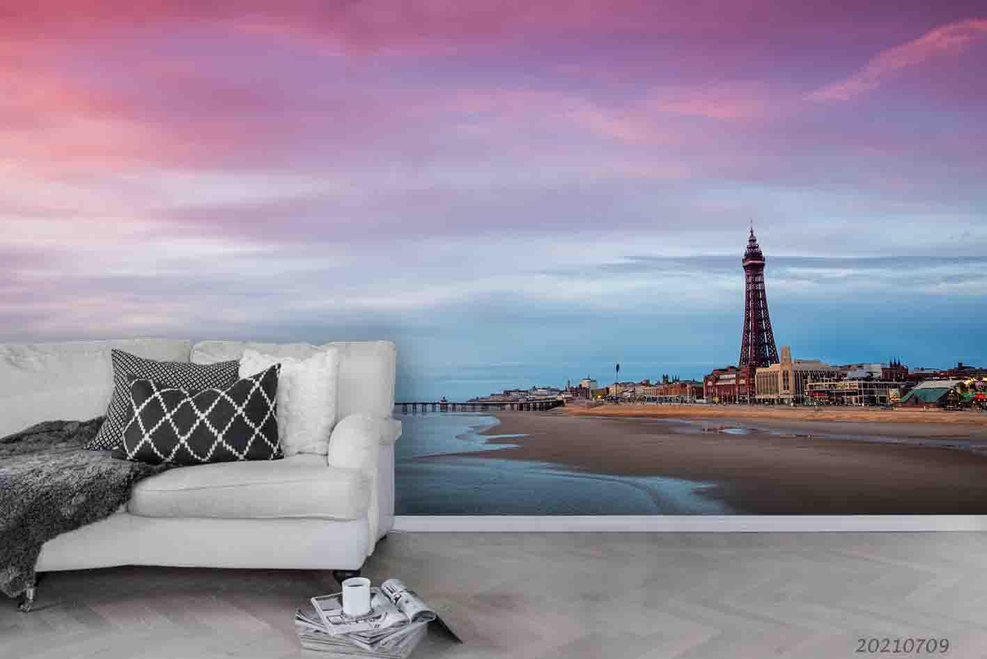 3D Oceans Beach Coastal City Sunset Glow Wall Mural Wallpaper SWW4162- Jess Art Decoration