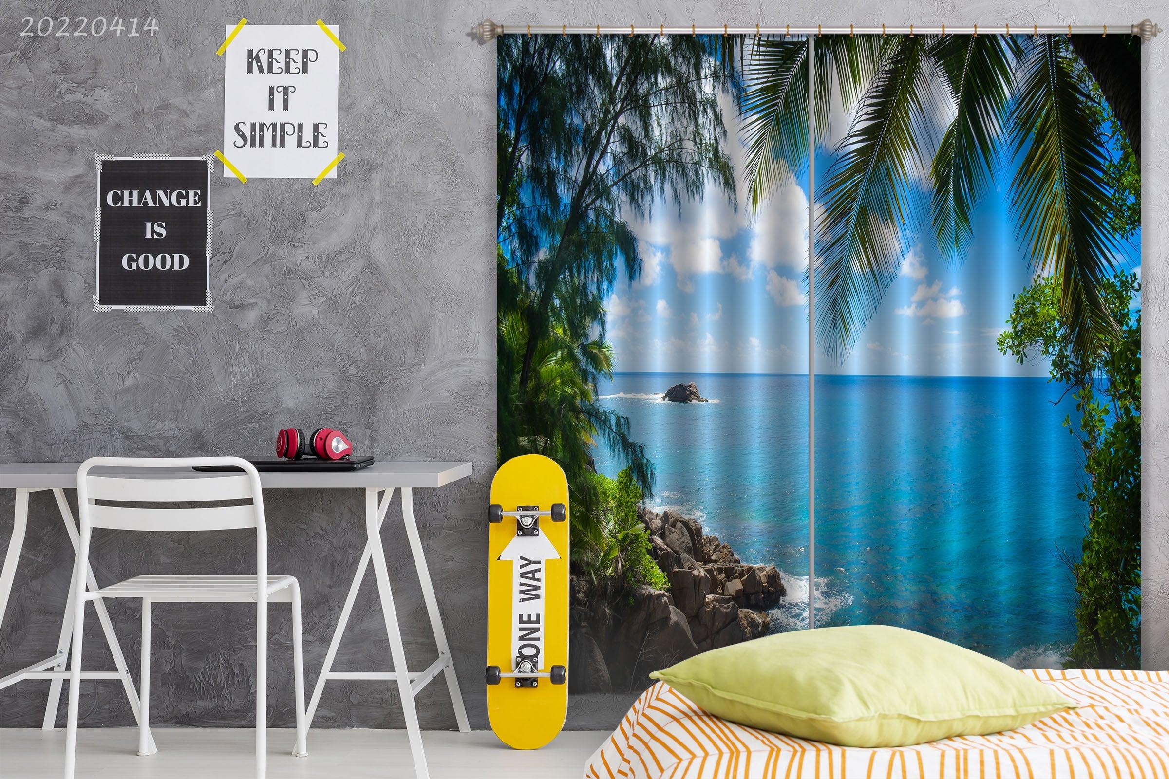 3D Ocean Rock Tree Green Island Landscape Curtains and Drapes GD 4153- Jess Art Decoration