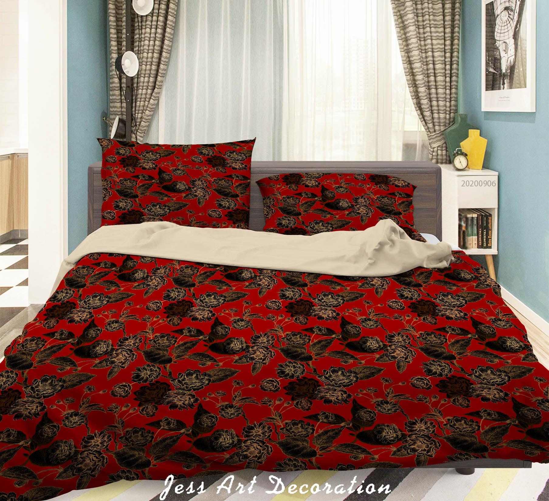 3D Vintage Leaves Red Floral Pattern Quilt Cover Set Bedding Set Duvet Cover Pillowcases WJ 3627- Jess Art Decoration