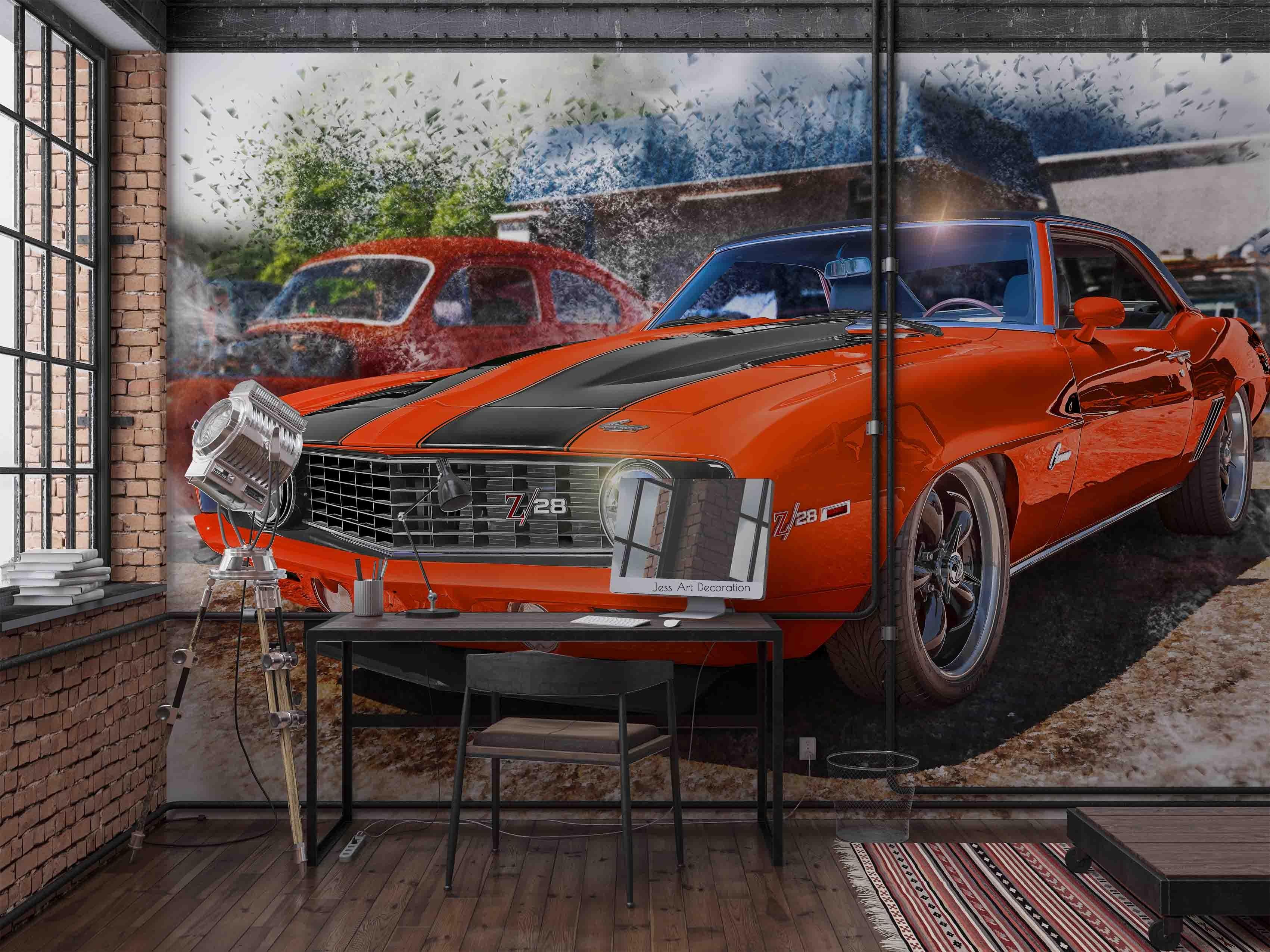3D Vintage Red American Classic Muscle Car Wall Mural Wallpaper GD 3196- Jess Art Decoration