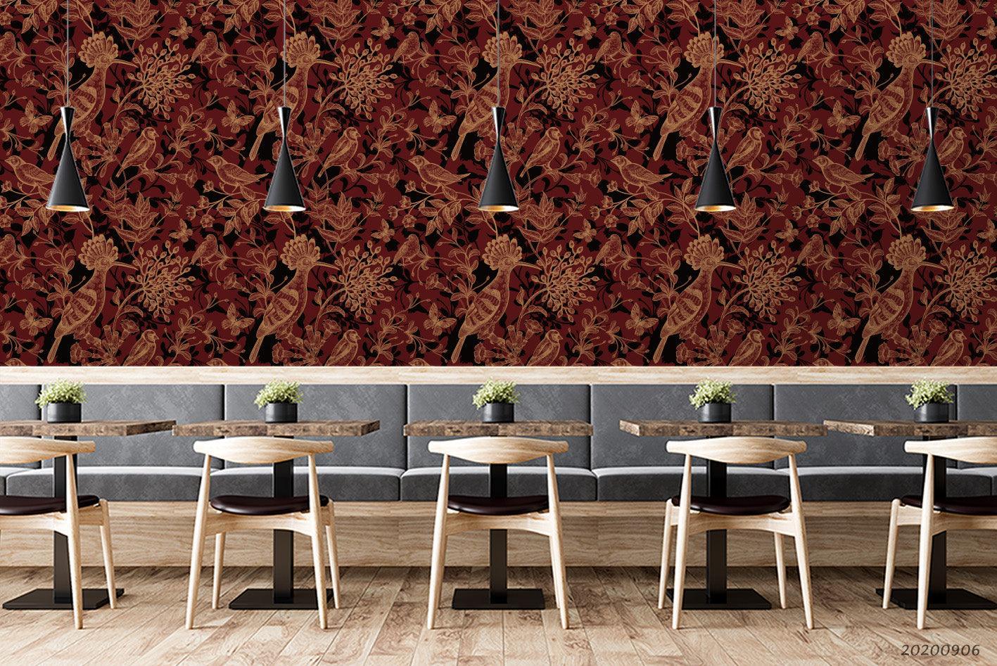 Vintage Bird Red Floral Leaves Plant Pattern Wall Mural Wallpaper LXL- Jess Art Decoration