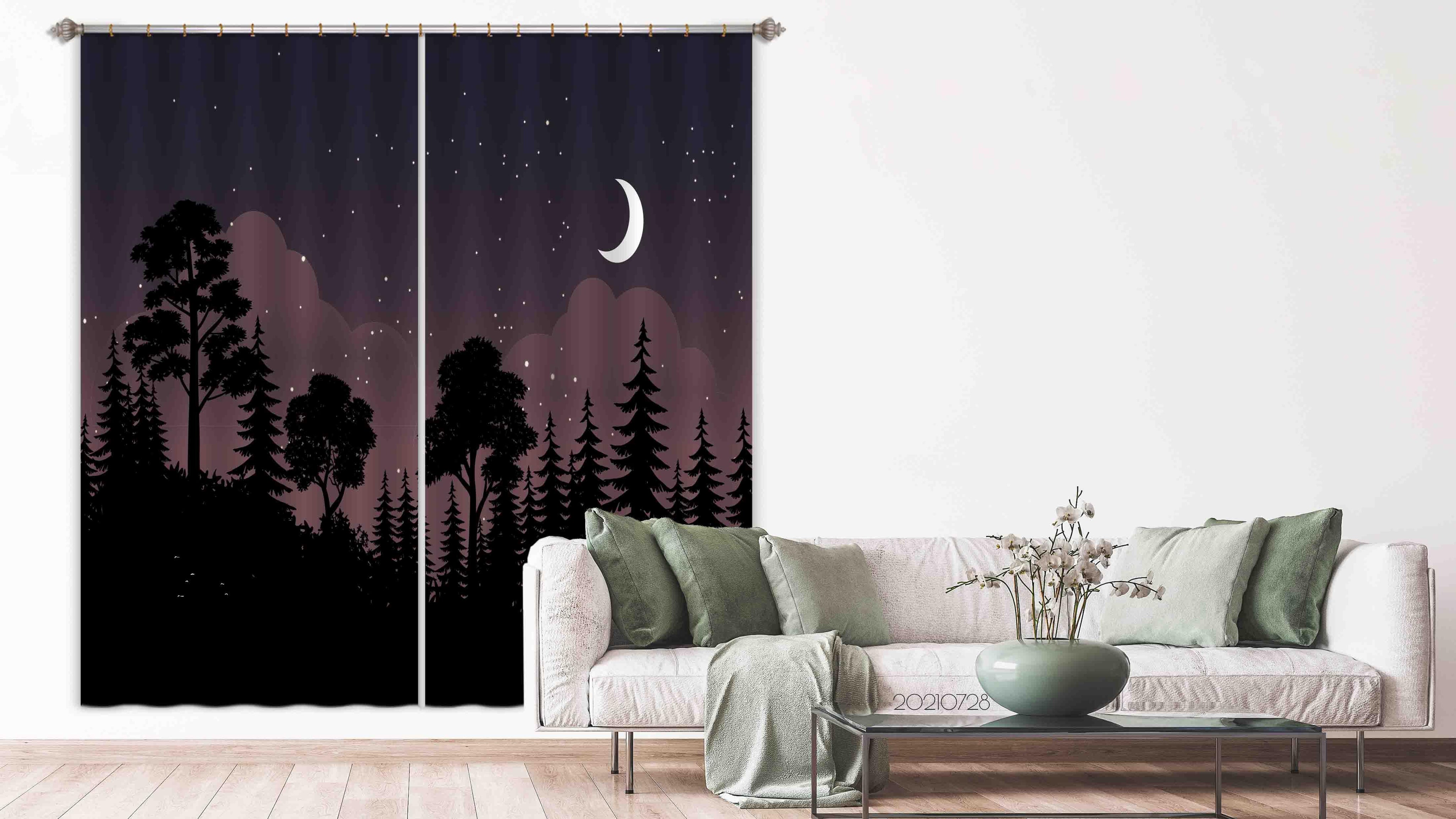 3D Night Sky Moon Forest Landscape Curtains and Drapes LQH 43- Jess Art Decoration