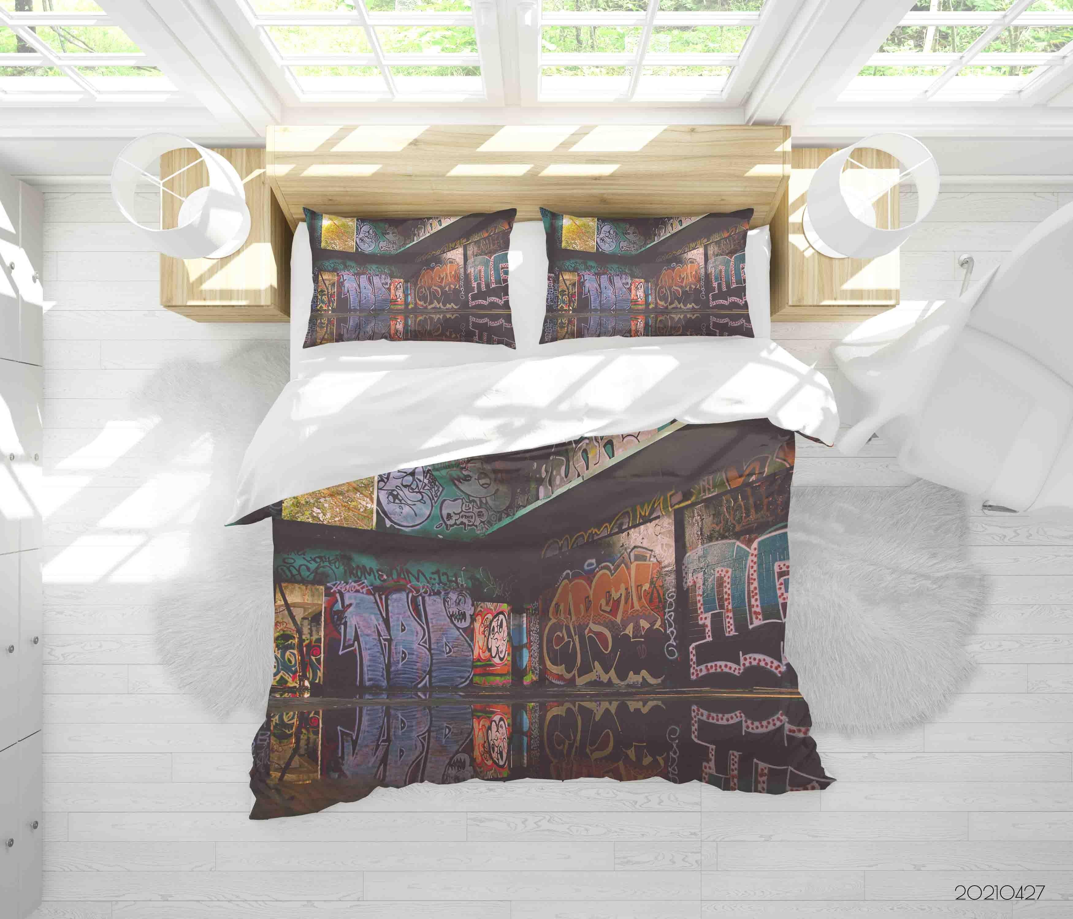 3D Abstract Colored Street Graffiti Quilt Cover Set Bedding Set Duvet Cover Pillowcases 67- Jess Art Decoration