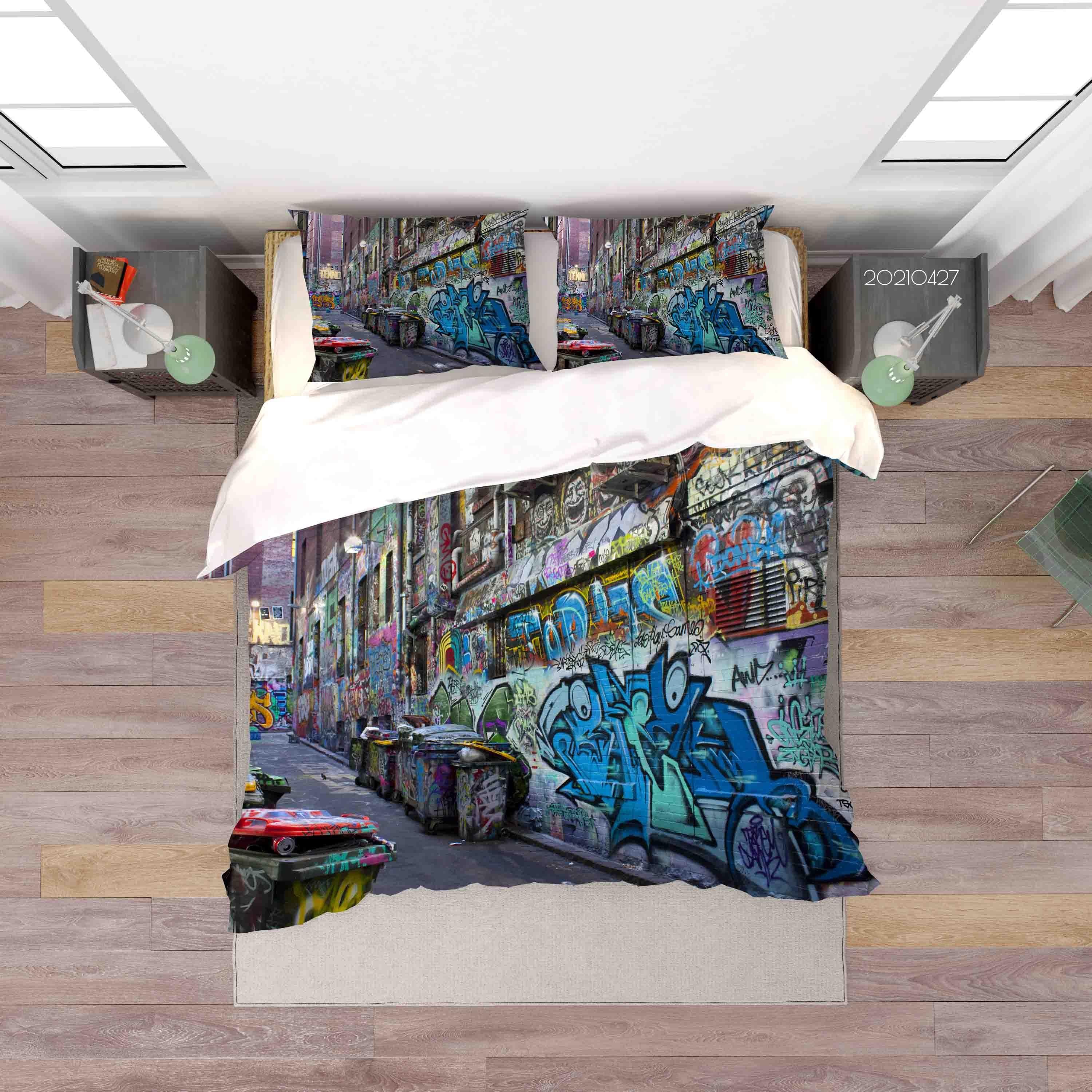 3D Abstract Colored Street Graffiti Quilt Cover Set Bedding Set Duvet Cover Pillowcases 133- Jess Art Decoration