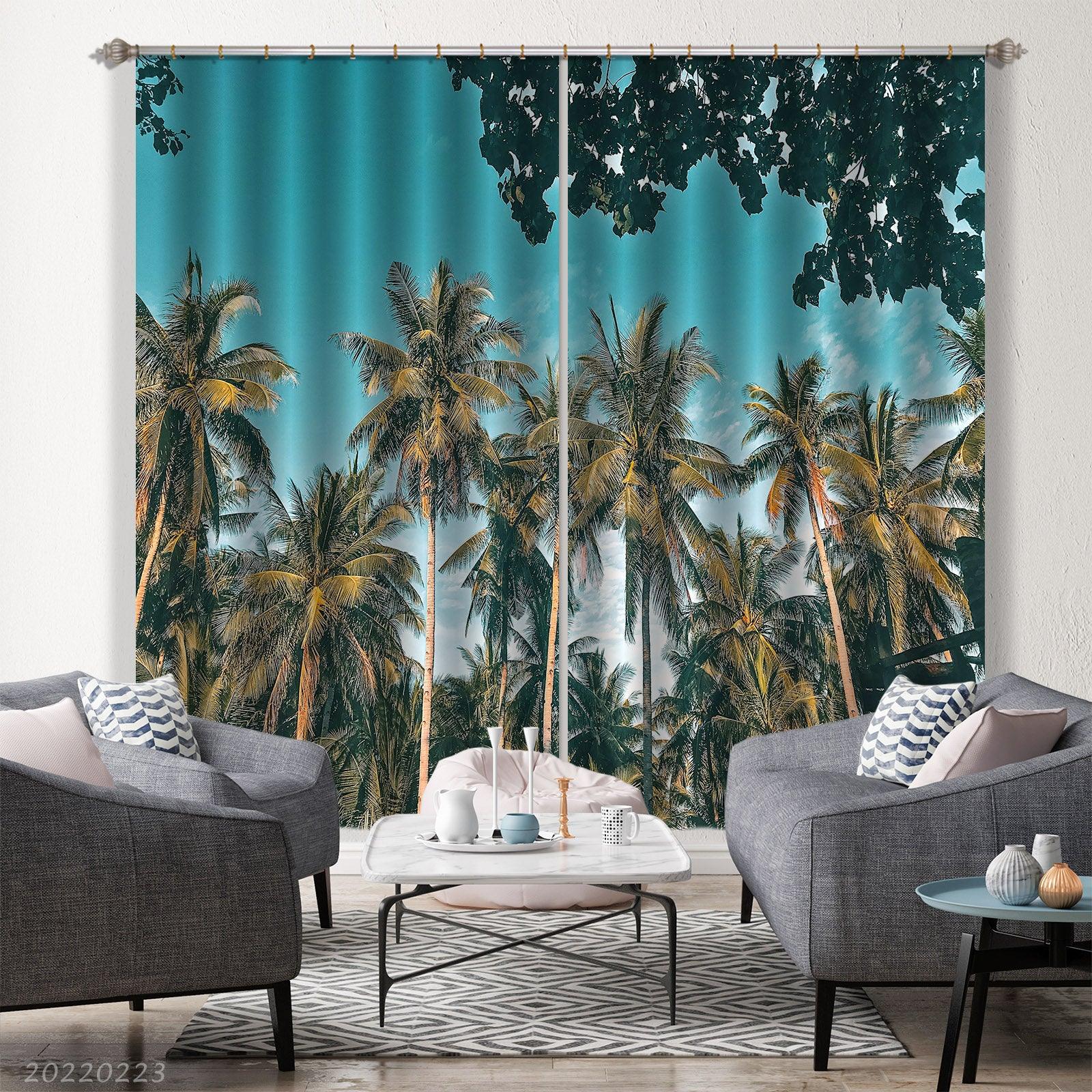 3D Coconut Grove Green Leaf Blue Sky Curtains and Drapes GD 2507- Jess Art Decoration