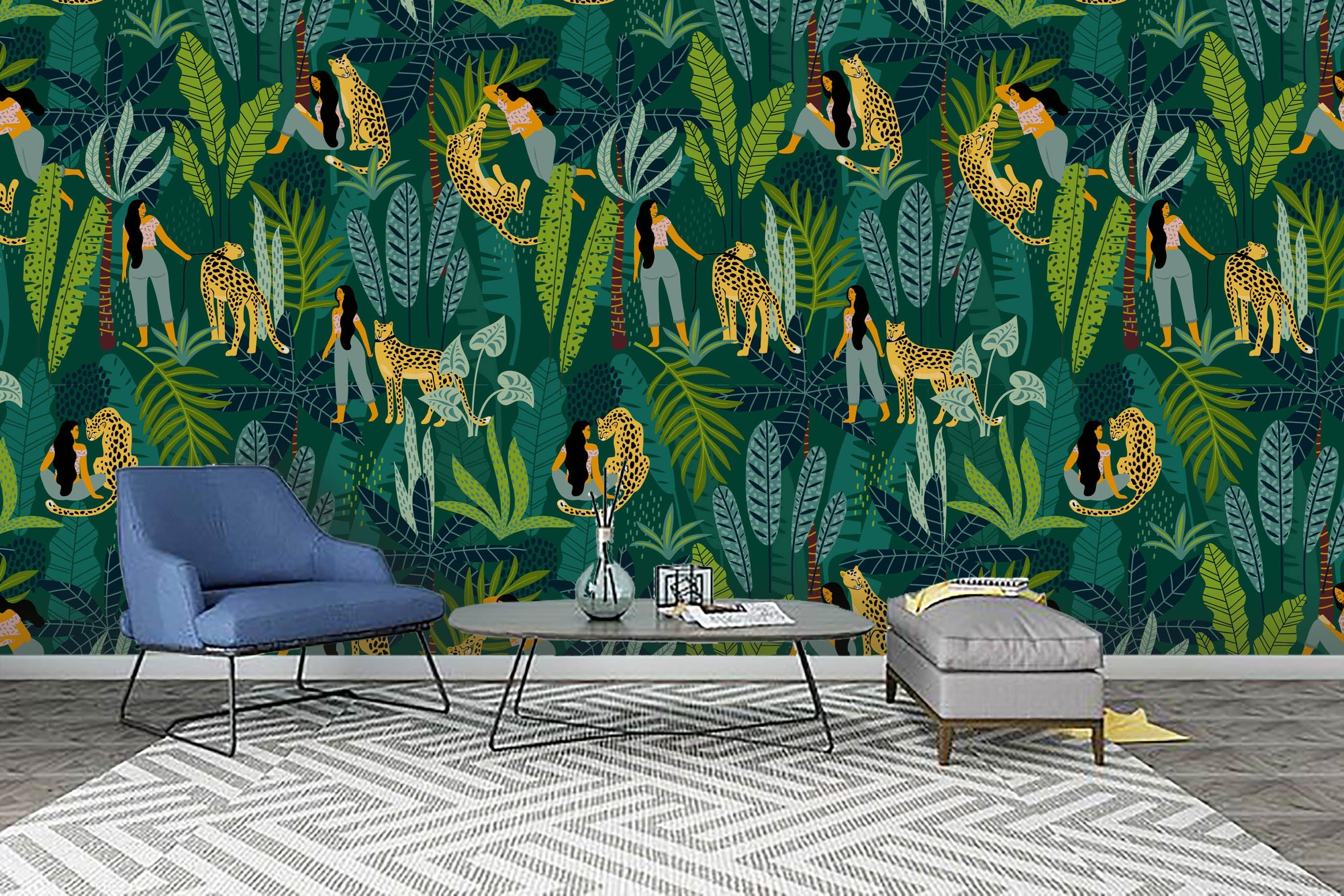 3D Leopard Green Leaf Woman Wall Mural Wallpaper 35- Jess Art Decoration