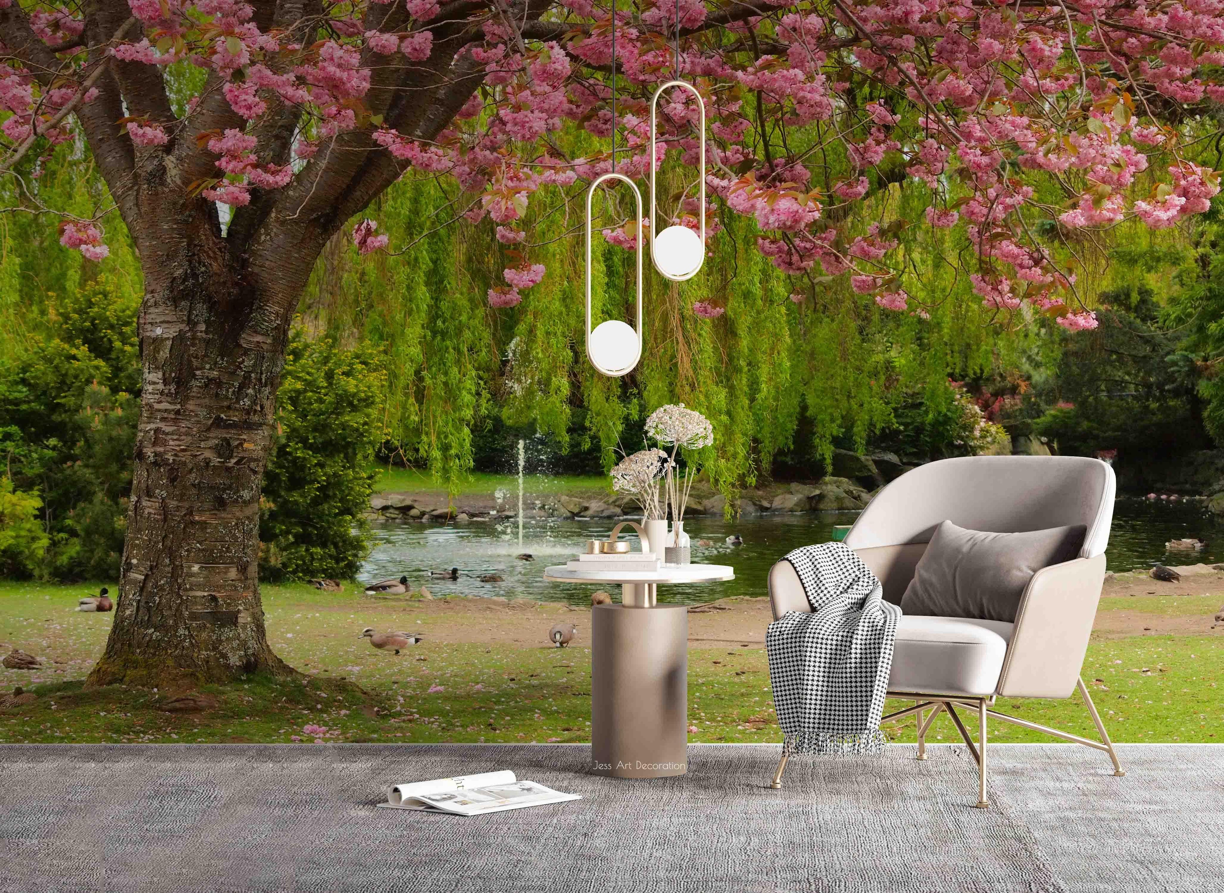 3D Floral Pink Plant Willow Fountain Bench Landscape Wall Mural Wallpaper LLL 1972- Jess Art Decoration