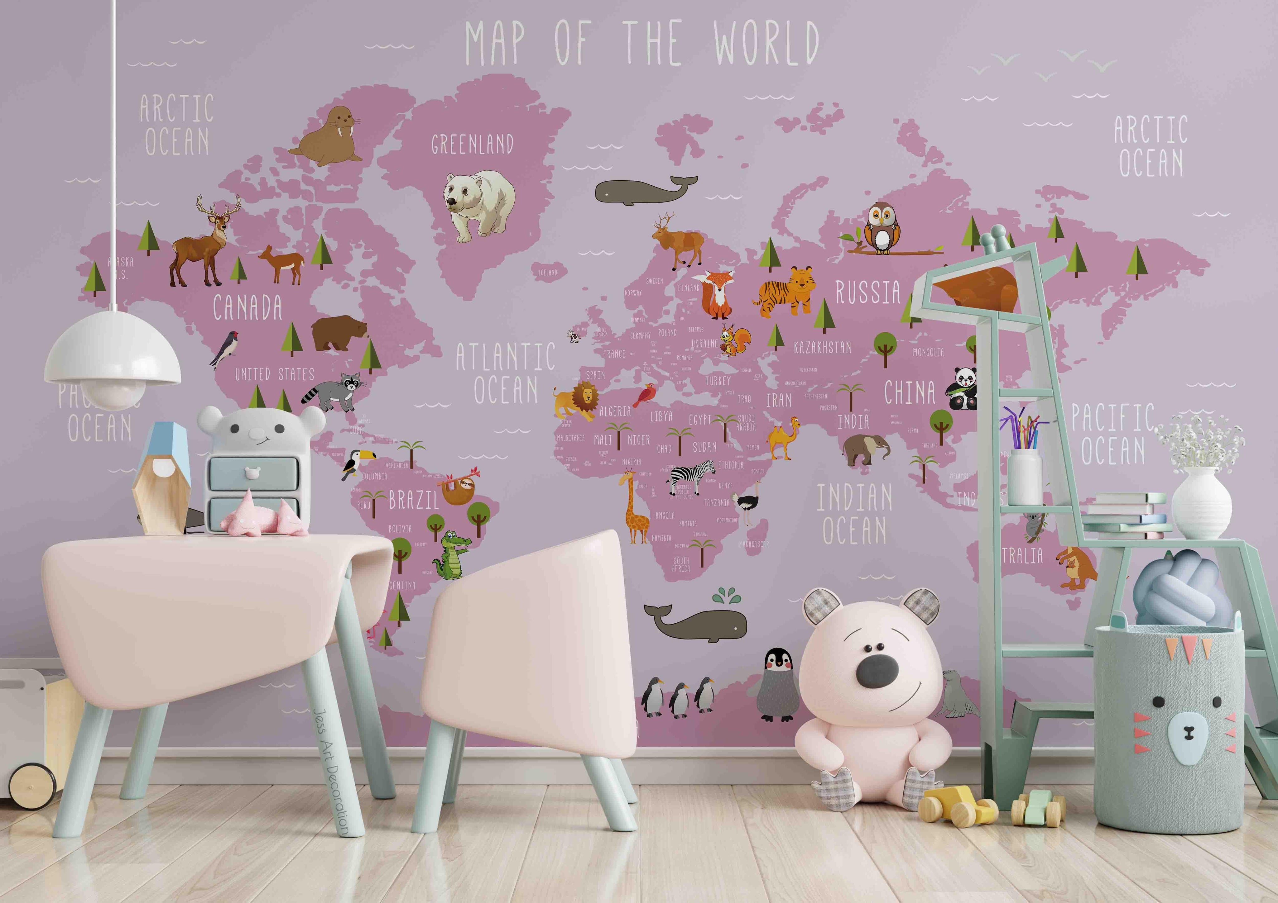 3D Pink World Map Animal Pattern Wall Mural Wallpaper GD 3372- Jess Art Decoration