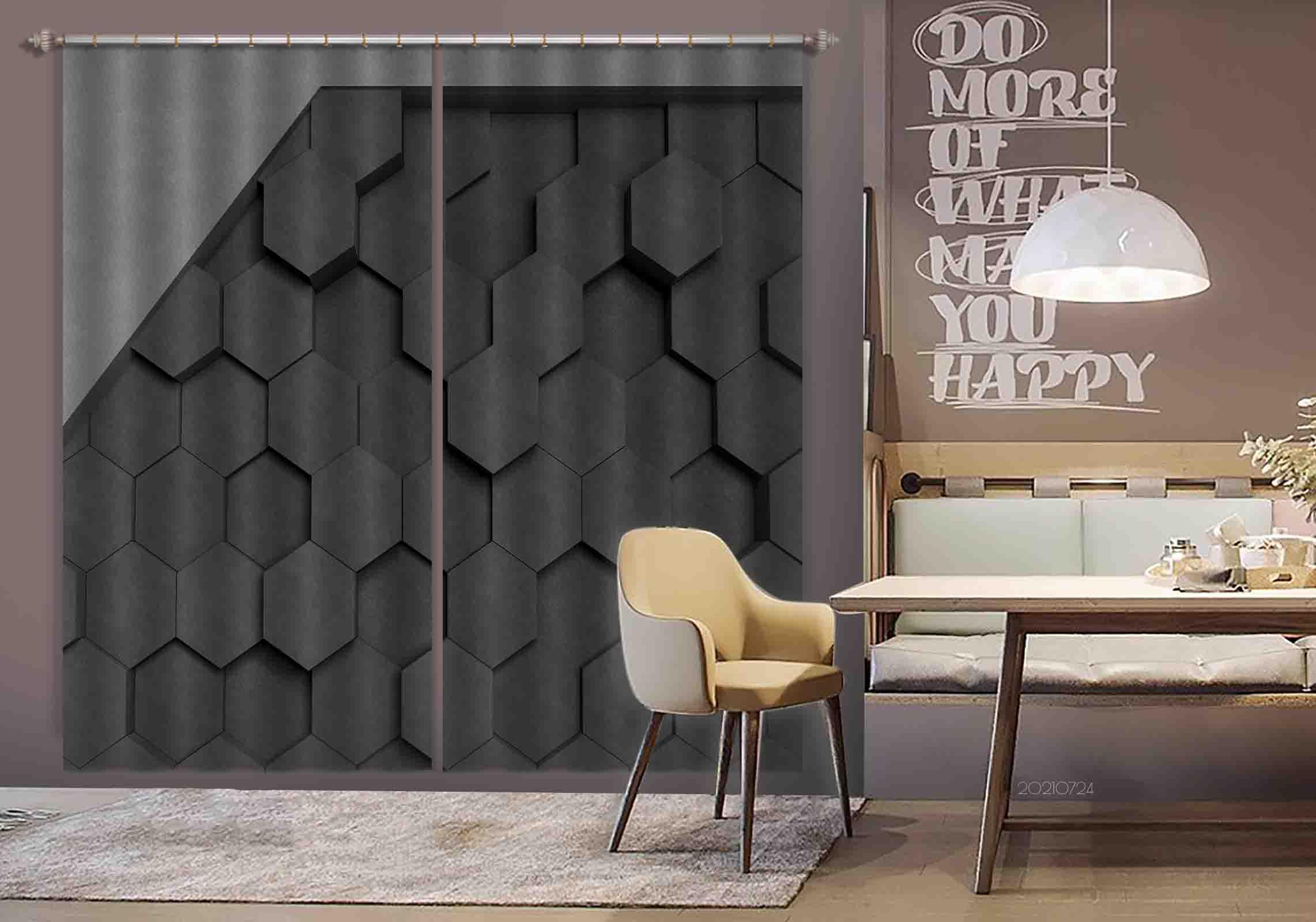 3D Abstract Black Geometric Hexagon Curtains and Drapes LQH 61- Jess Art Decoration