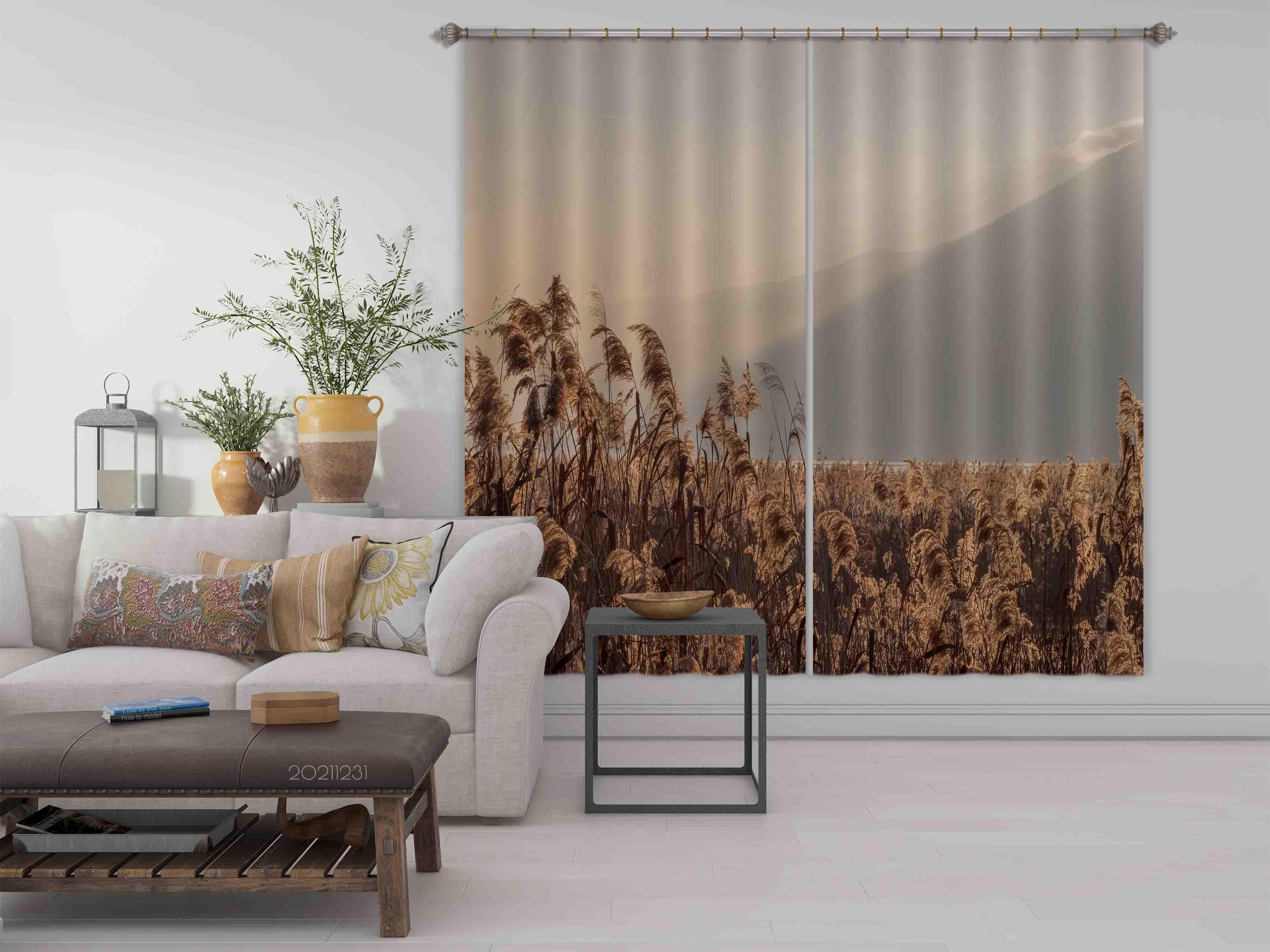 3D Vintage Golden Reed Mountain Scenery Curtains and Drapes GD 86- Jess Art Decoration