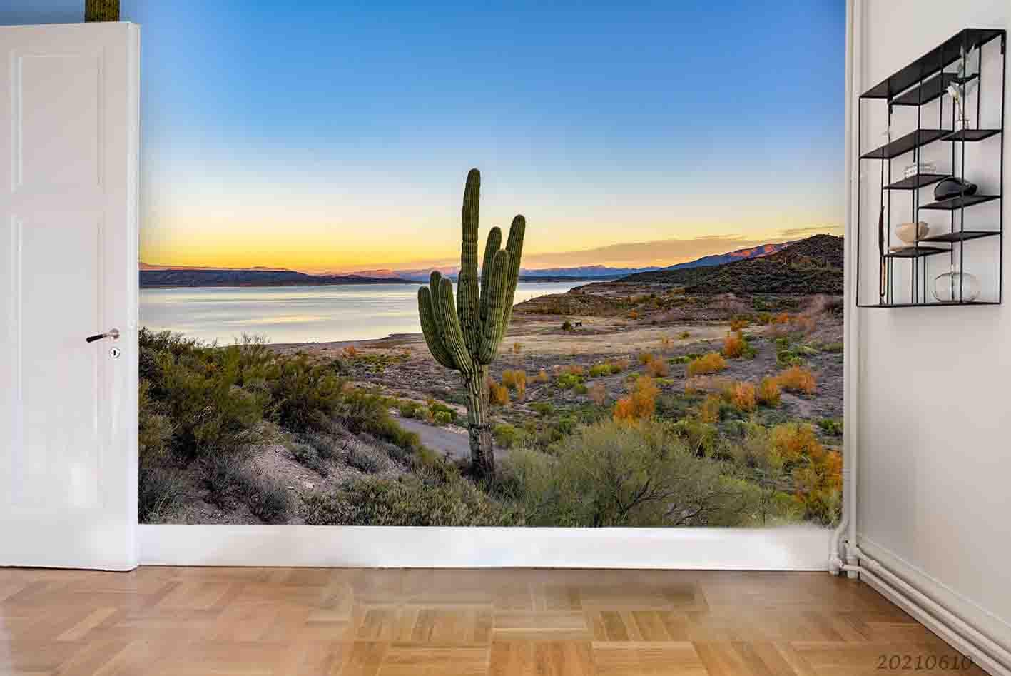3D Desert Lakes Cactus Blue Sky  Setting Sun Wall Mural Wallpaper SWW1879- Jess Art Decoration