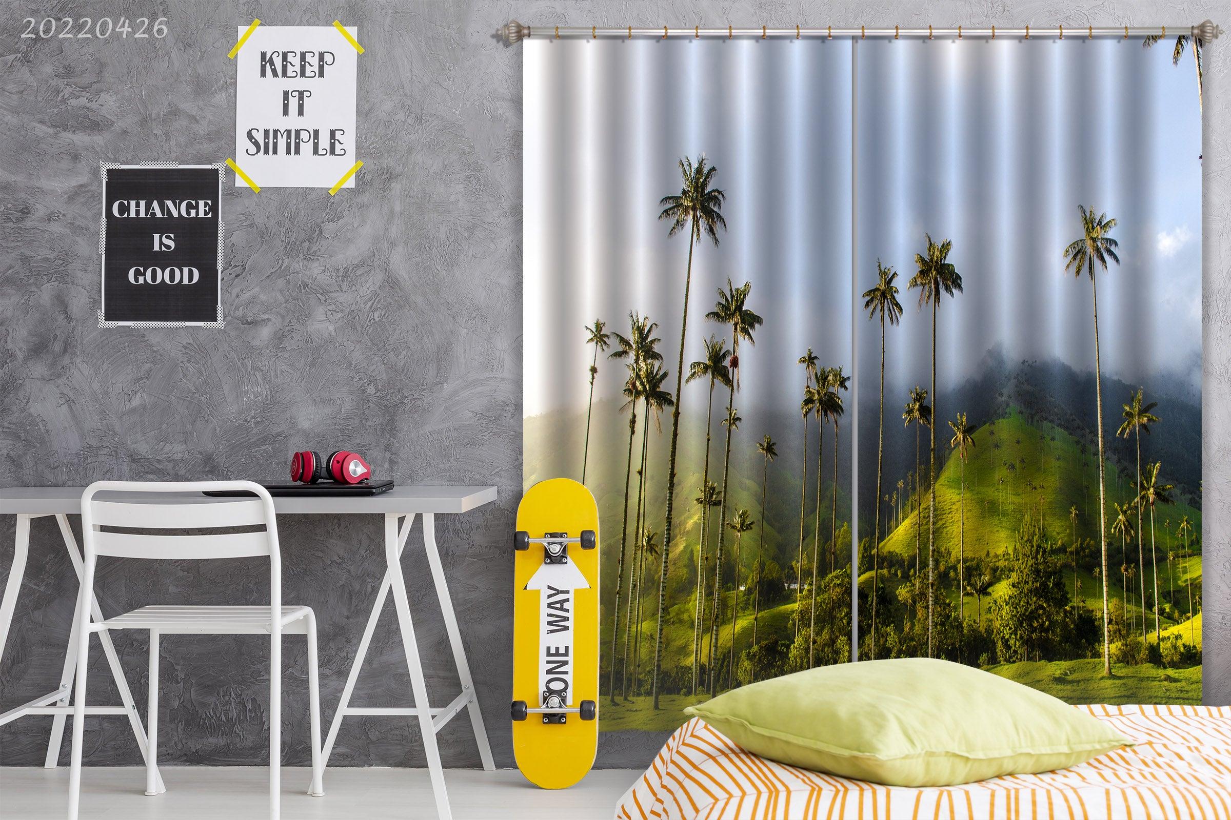 3D Landscape Mountain Green Plant Coconut Tree Fog Curtains and Drapes GD 4756- Jess Art Decoration
