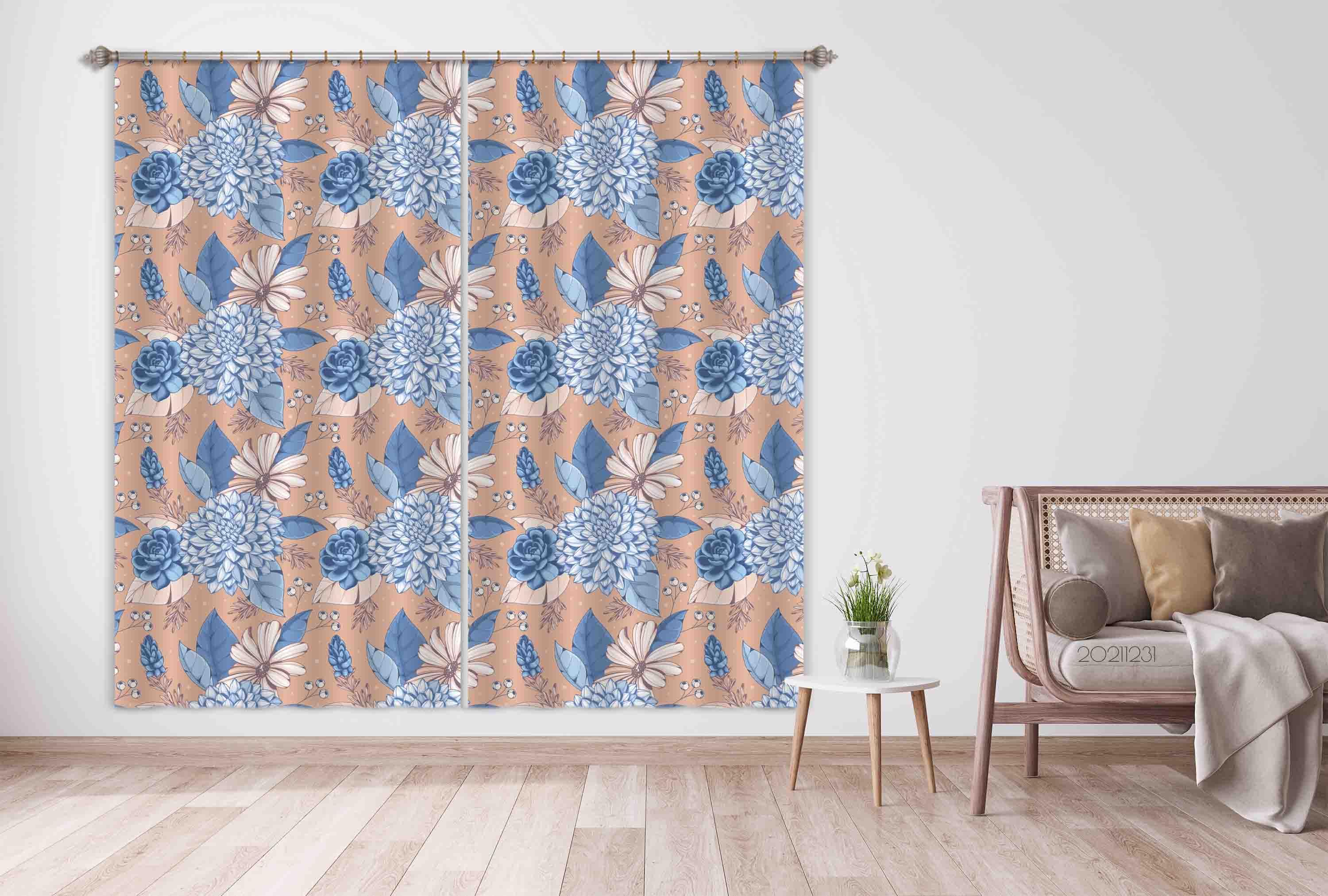 3D Vintage Blue Flower Leaf Curtains and Drapes GD 16- Jess Art Decoration