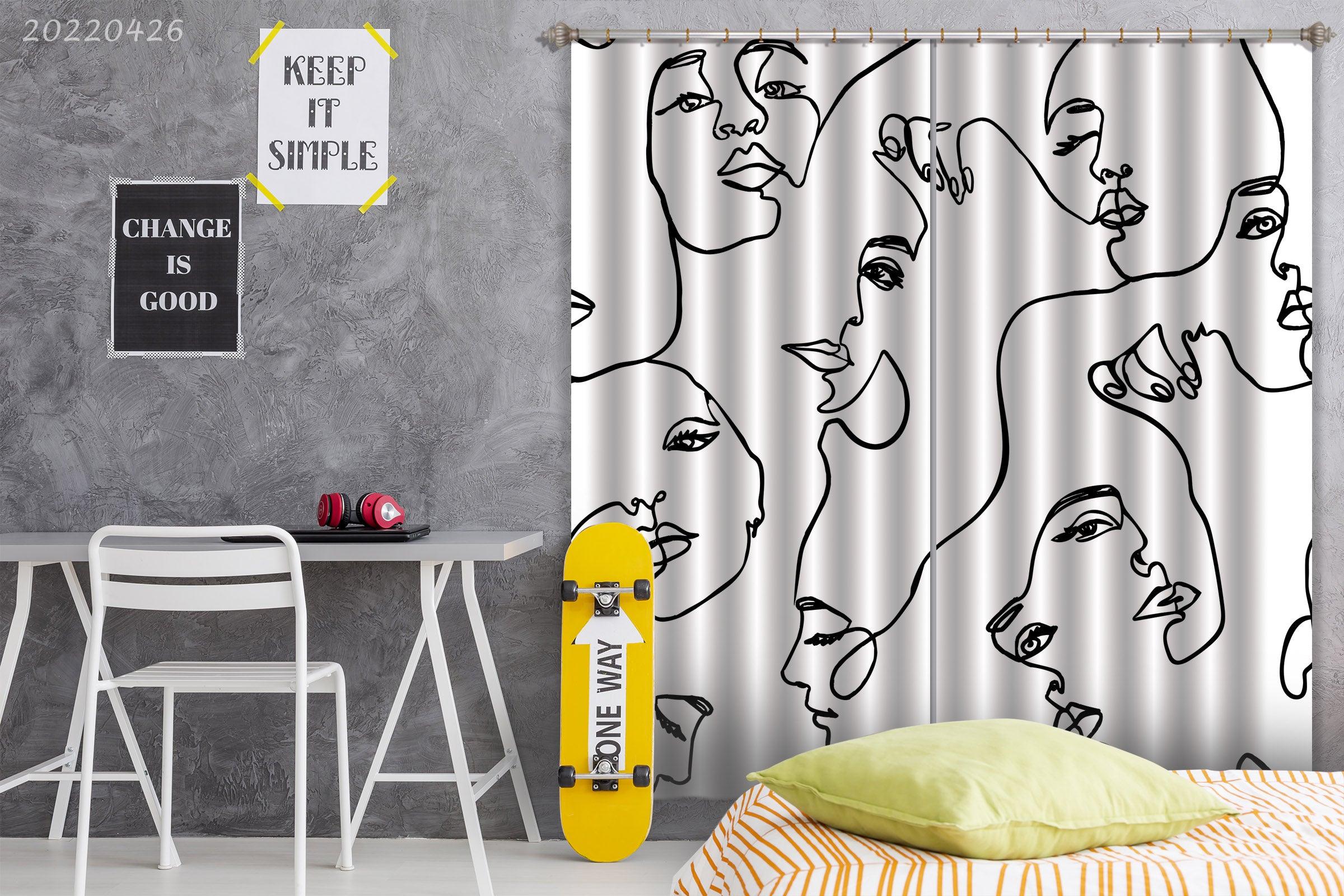 3D Abstract Art Lines Face White Background Curtains and Drapes GD 4870- Jess Art Decoration