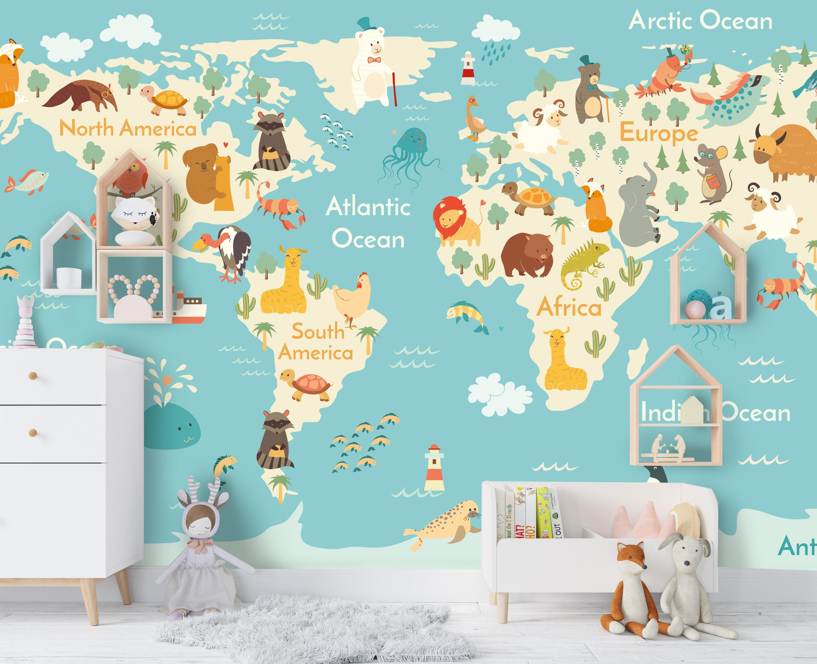 3D Blue Cartoon Animal World Map Wall Mural Wallpaper 27- Jess Art Decoration