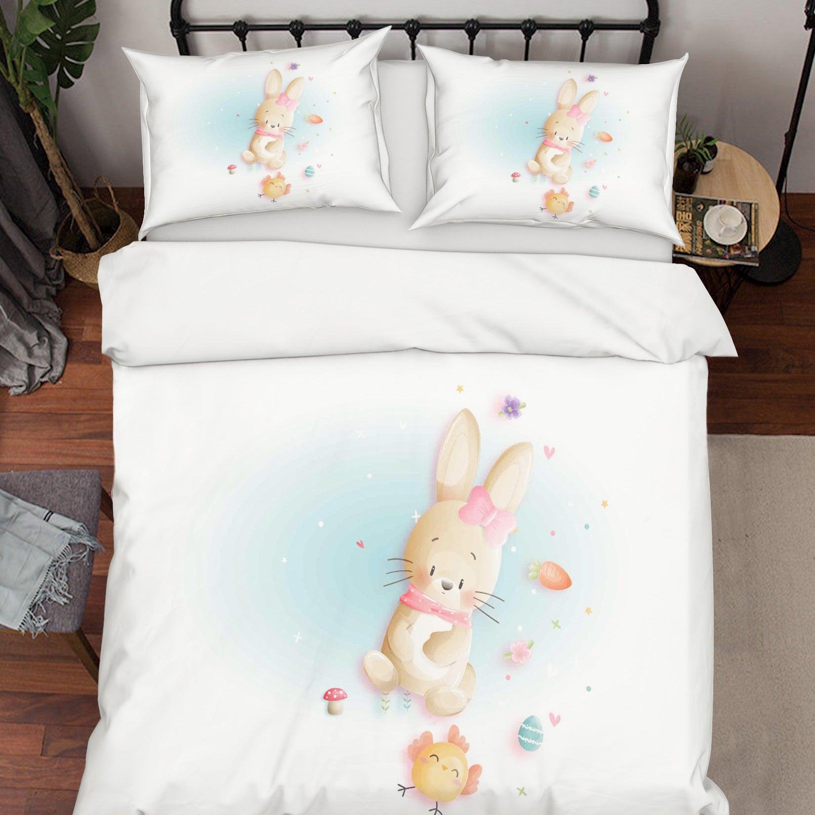3D White Rabbit Chick Floral Eggs Mushroom Quilt Cover Set Bedding Set Duvet Cover Pillowcases SF74- Jess Art Decoration