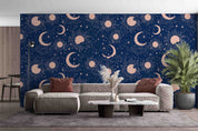 3D Sun Crescent Moon Stars Blue Background Wall Mural Wallpaper GD 433- Jess Art Decoration