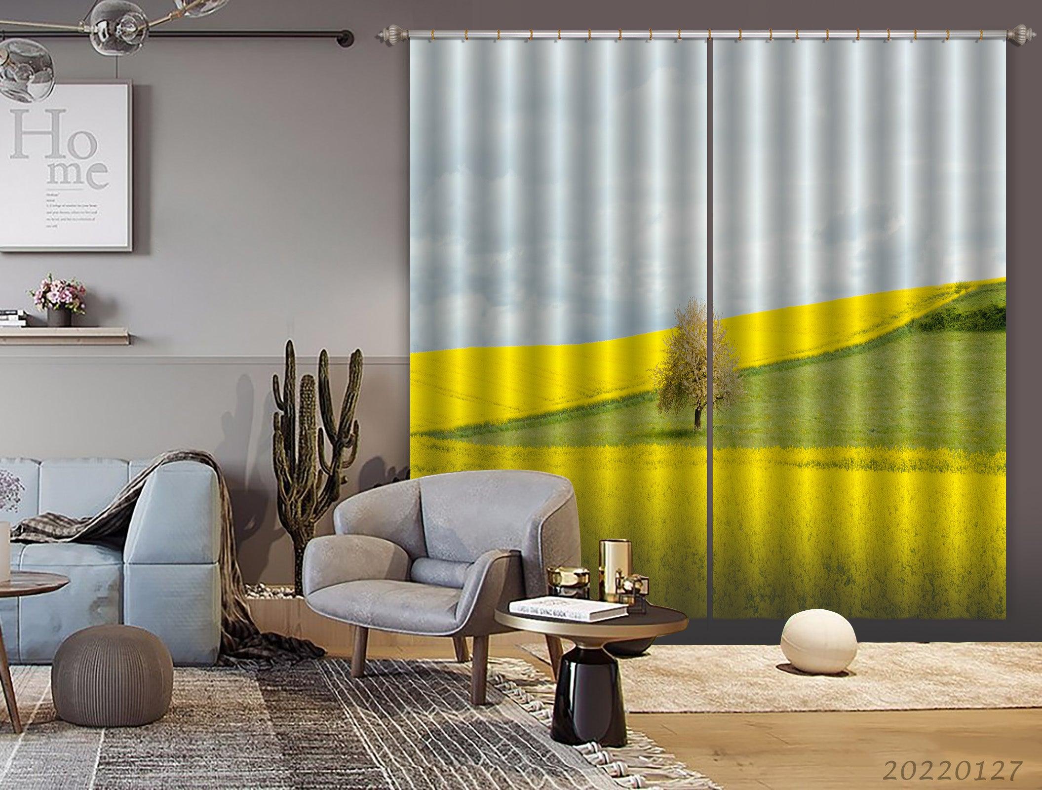 3D Yellow Rape Flower Field Tree Green Meadow Curtains and Drapes GD 1485- Jess Art Decoration