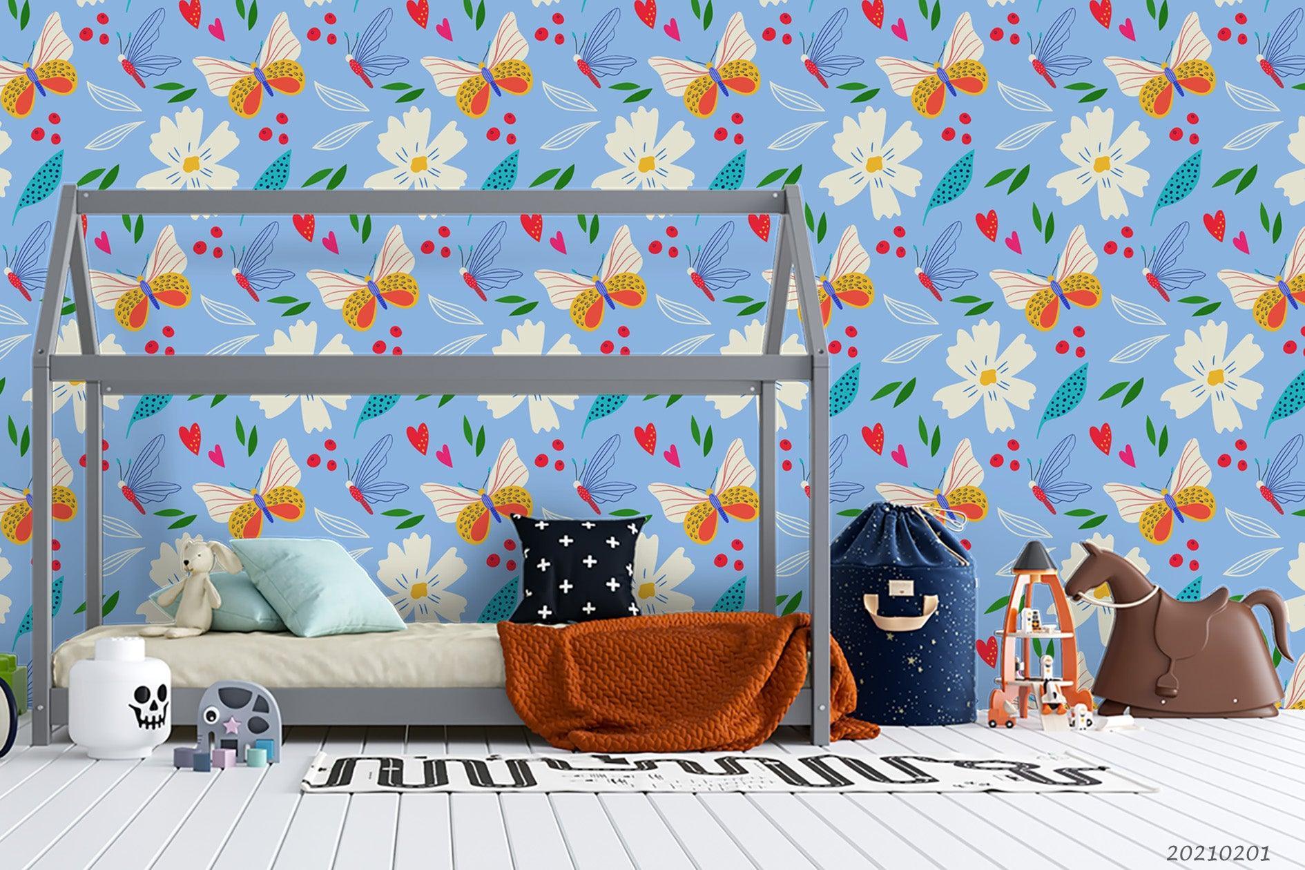 3D Hand Drawn Blue Floral Butterfly Wall Mural Wallpaper LQH 86- Jess Art Decoration