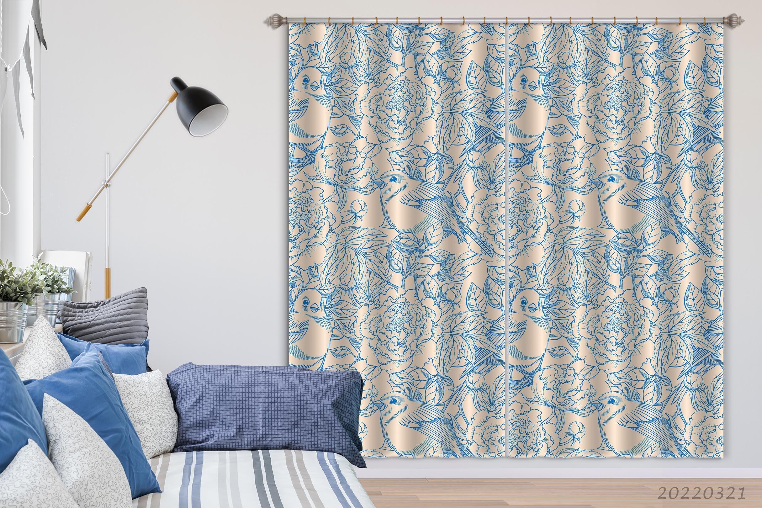 3D Abstract Blue Bird Plant Floral Pattern Curtains and Drapes GD 3148- Jess Art Decoration