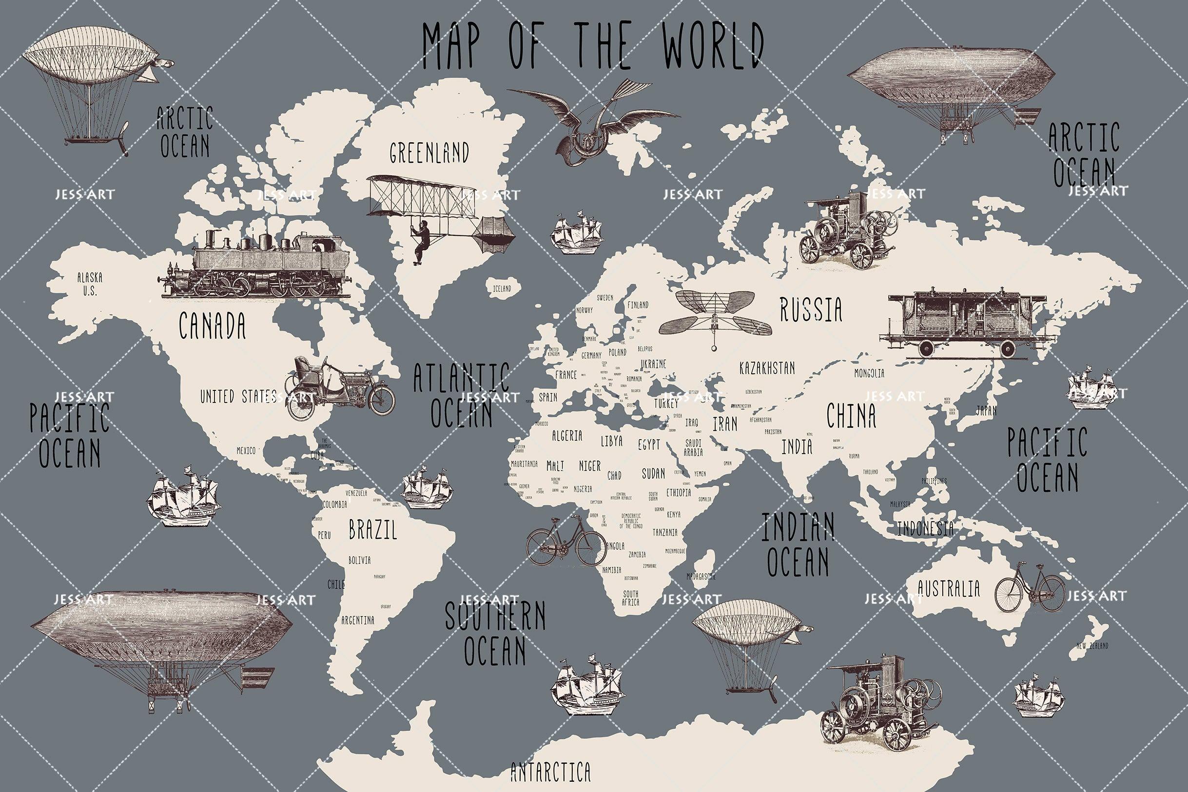 3D Cartoon Grey World Map Wall Mural Wallpaper LQH 95- Jess Art Decoration