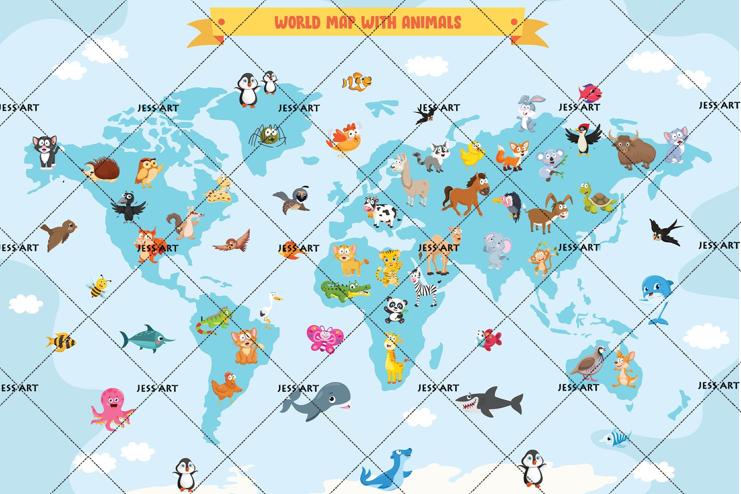 3D Cartoon Animal World Map Wall Mural Wallpaper SF62- Jess Art Decoration