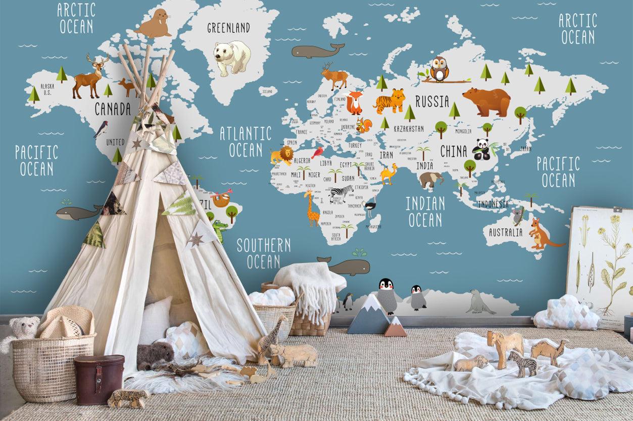 3D Blue World Map Wall Mural Wallpaper LQH 53- Jess Art Decoration