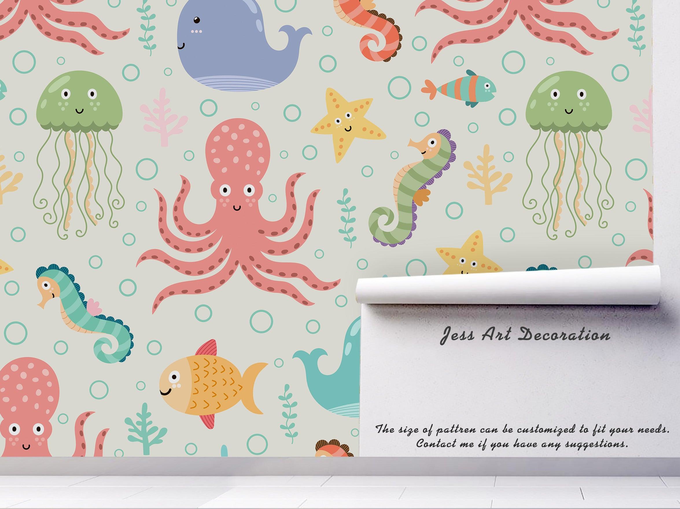 3D Whale Jellyfish Octopus Hippocampus Wall Mural Wallpaper 09- Jess Art Decoration