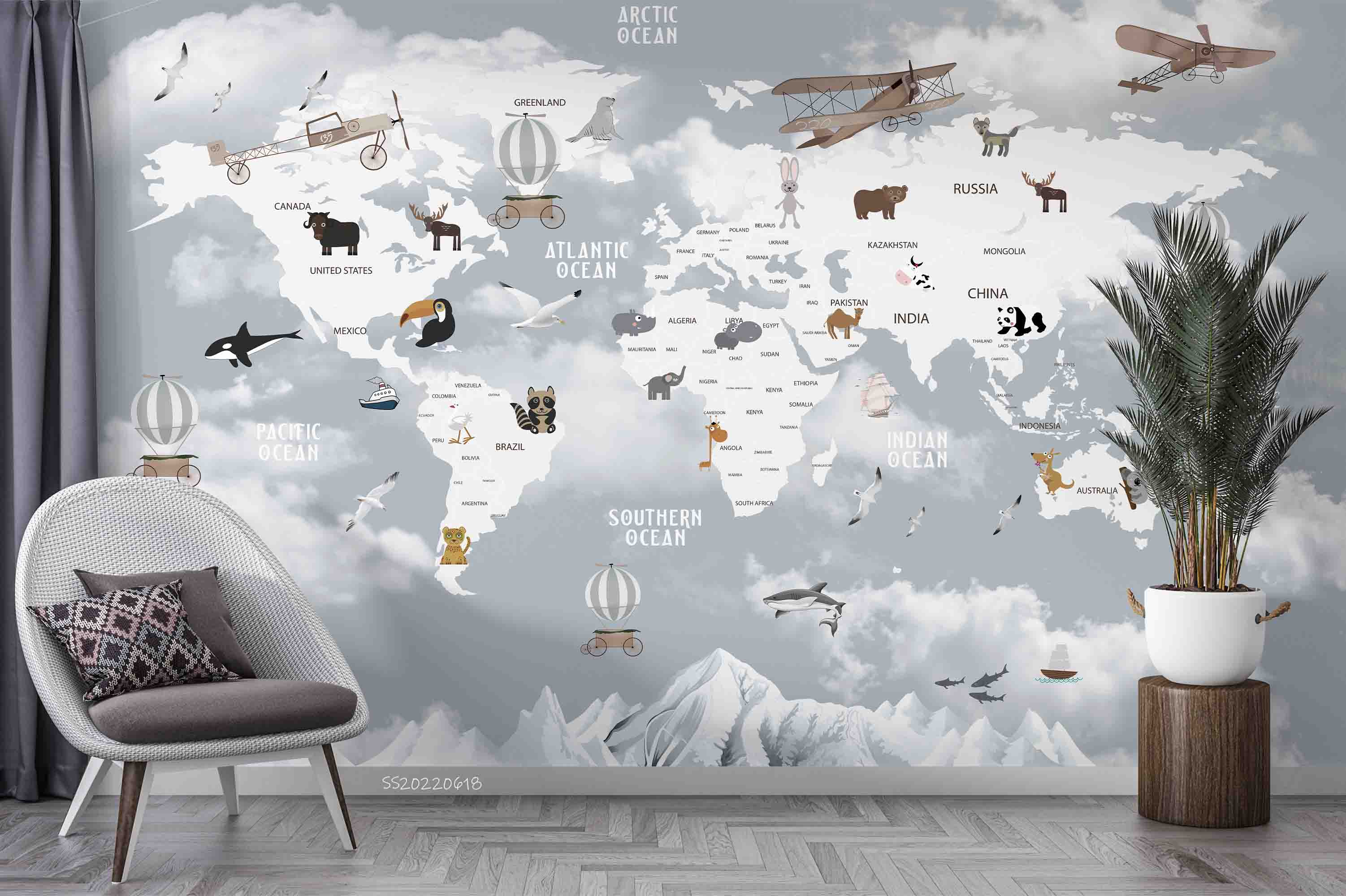 3D World Map Cartoon Animal Aircraft Wall Mural Wallpaper GD 862- Jess Art Decoration