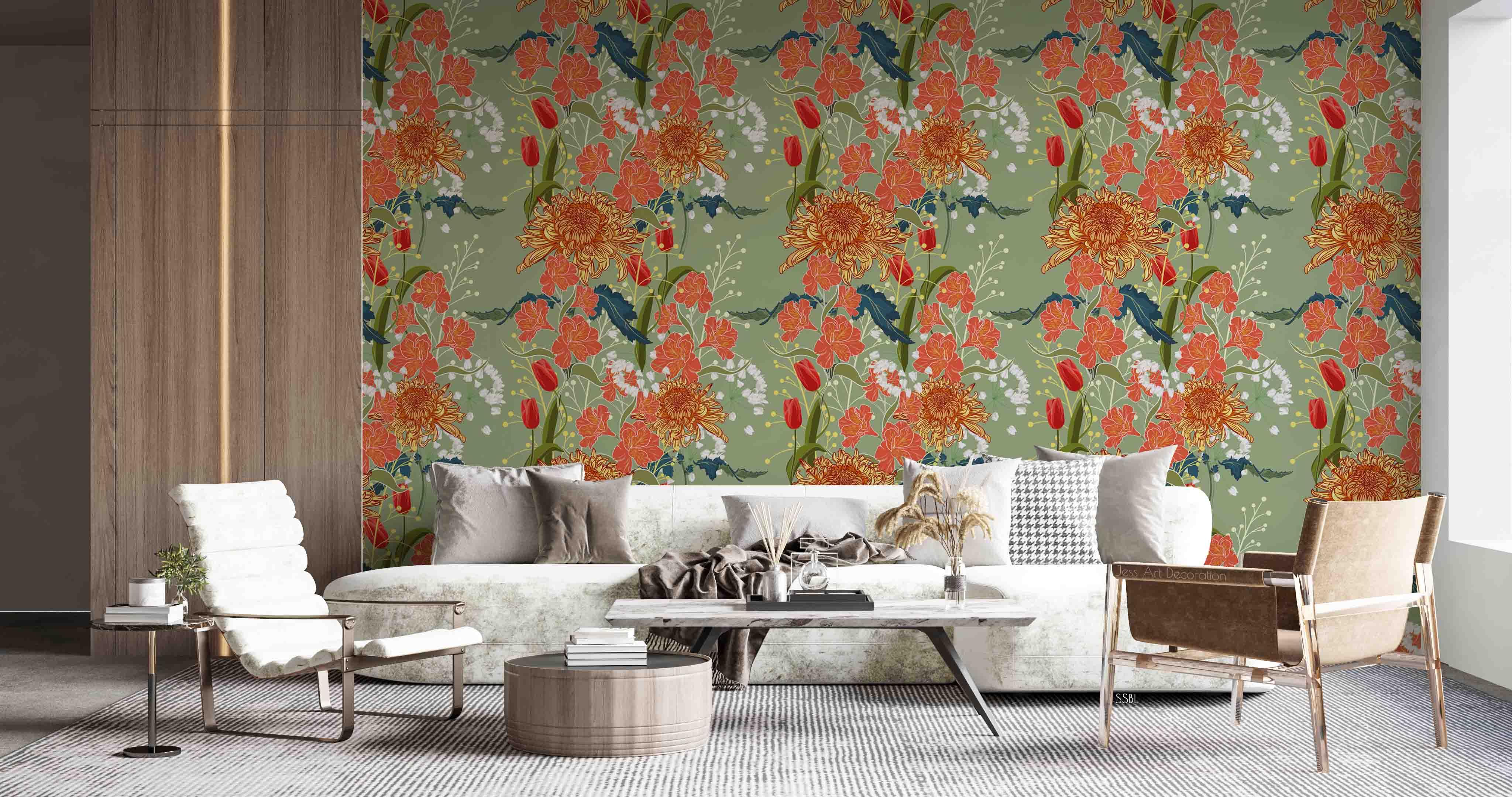 3D Vintage Baroque Art Blooming Chrysanthemum Green Background Wall Mural Wallpaper GD 3666- Jess Art Decoration