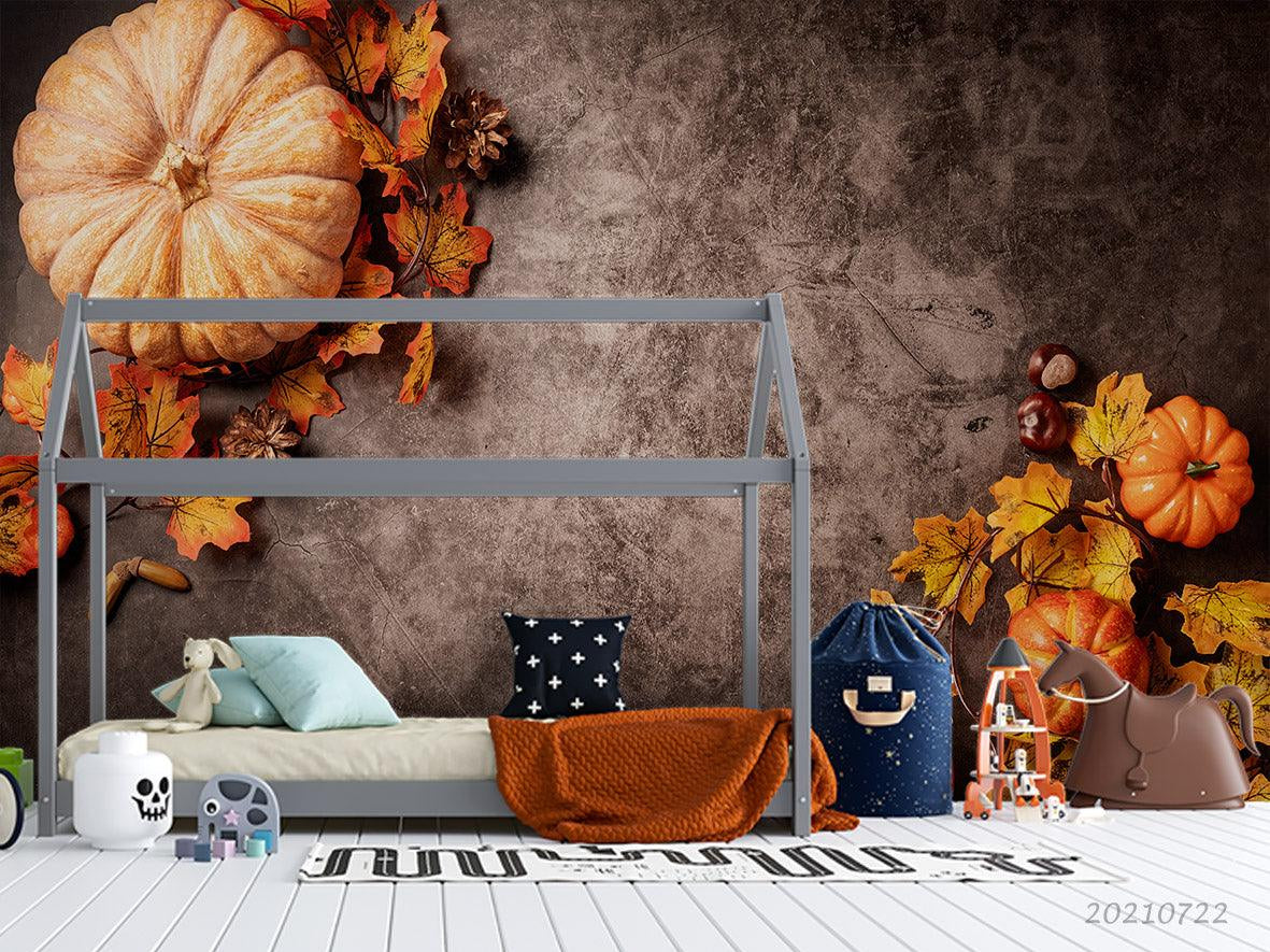 3D Autumn Leaf Pumpkin Wall Mural Wallpaper LQH 504- Jess Art Decoration