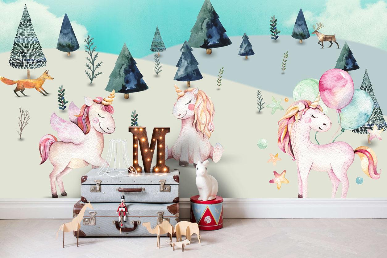 3D cartoon forest unicorn wall mural wallpaper 07- Jess Art Decoration