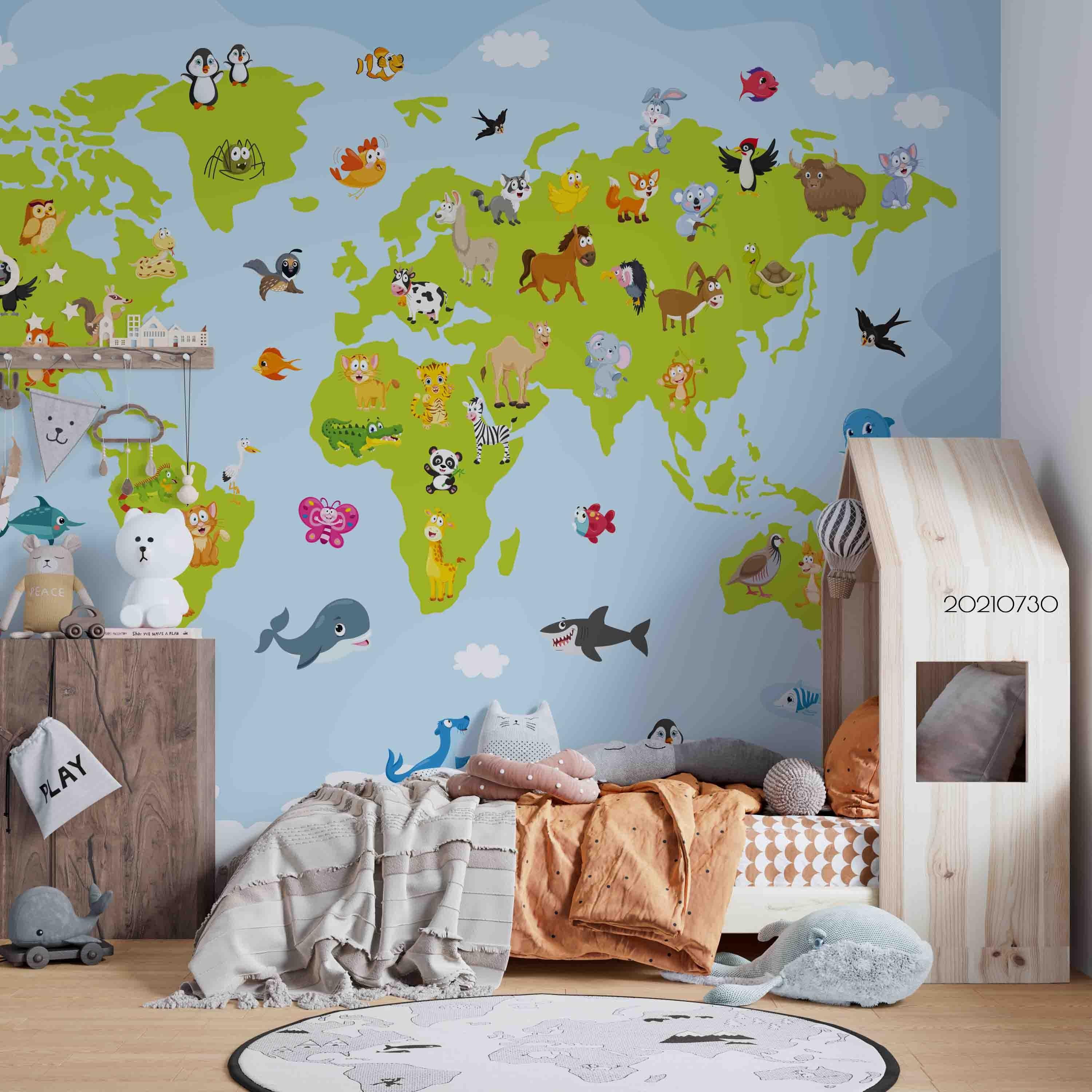 3D Cartoon Animal Map World Wall Mural Wallpaper SWW4483- Jess Art Decoration
