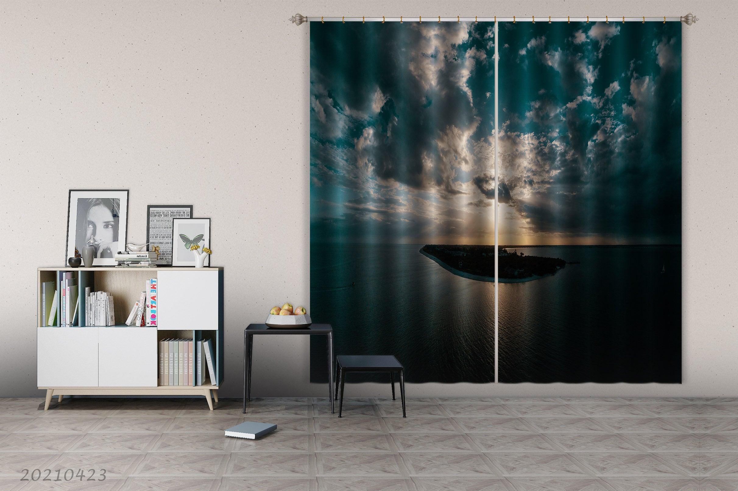 3D Ocean Beach Dark Cloud Golden Sunbeam Curtains and Drapes GD 1331- Jess Art Decoration