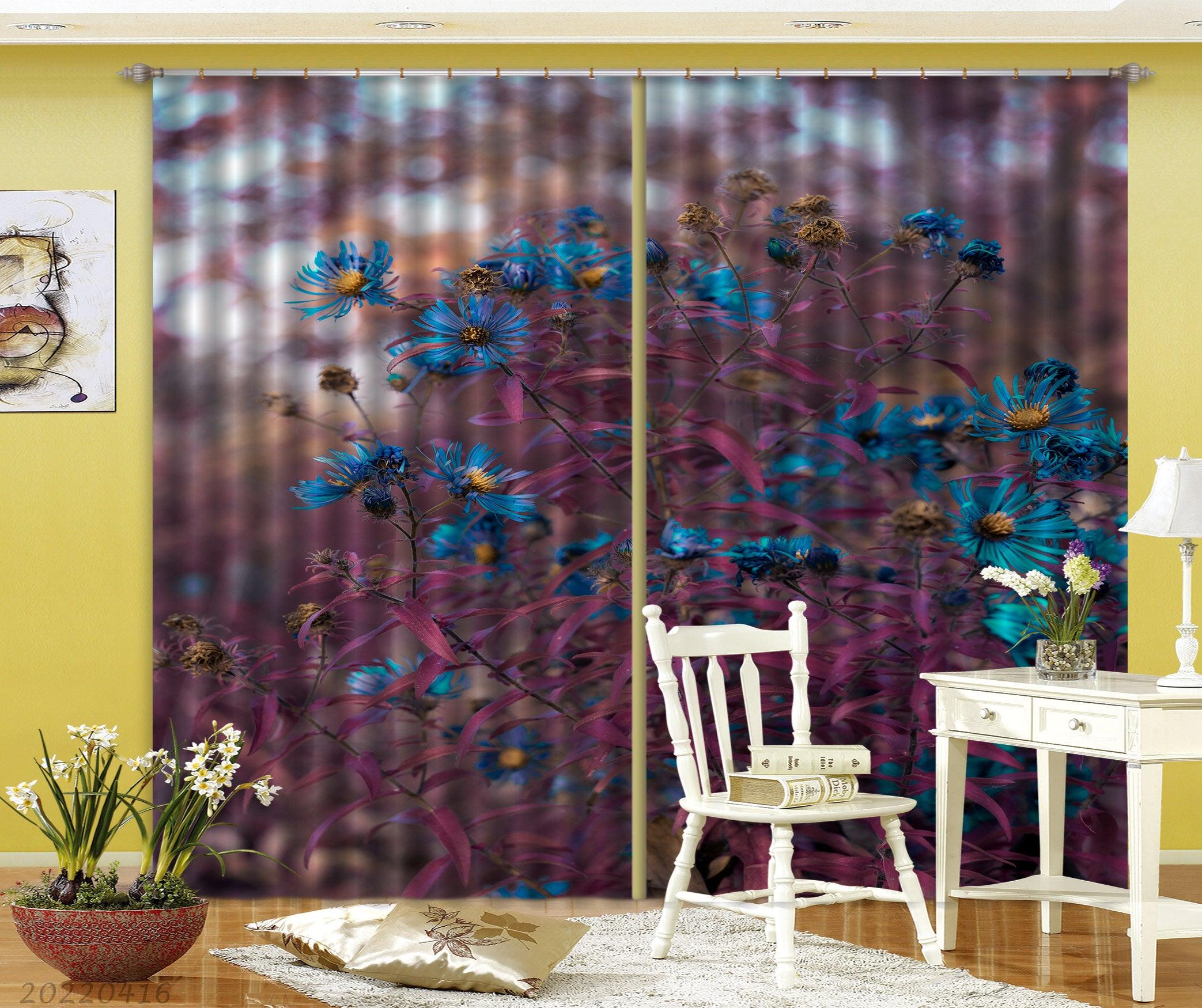 3D Idyllic Plant Leaf Blue Flower Curtains and Drapes GD 4423- Jess Art Decoration
